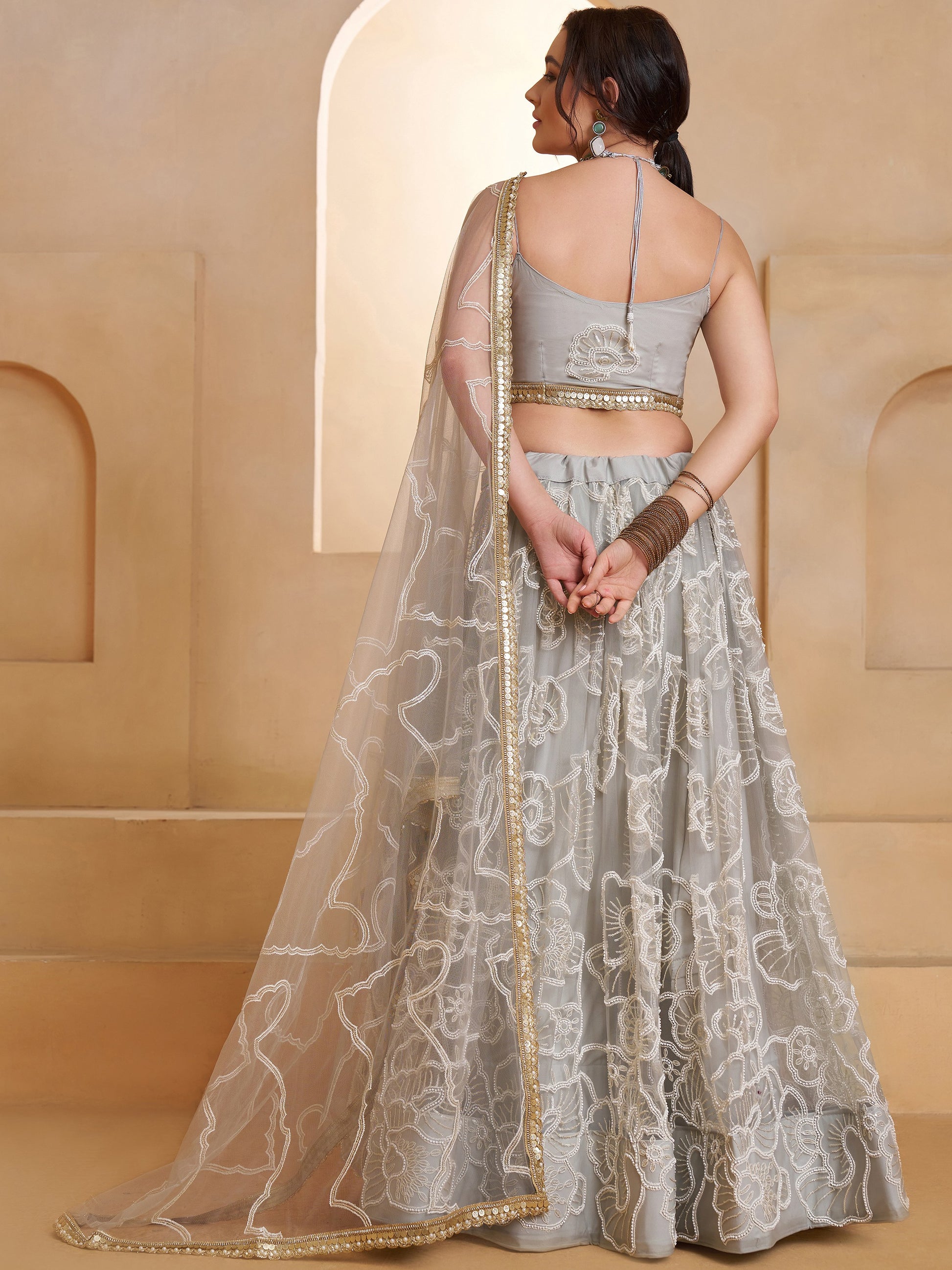 Spectacular Light Grey Sequins Net Bridesmaid Lehenga Choli