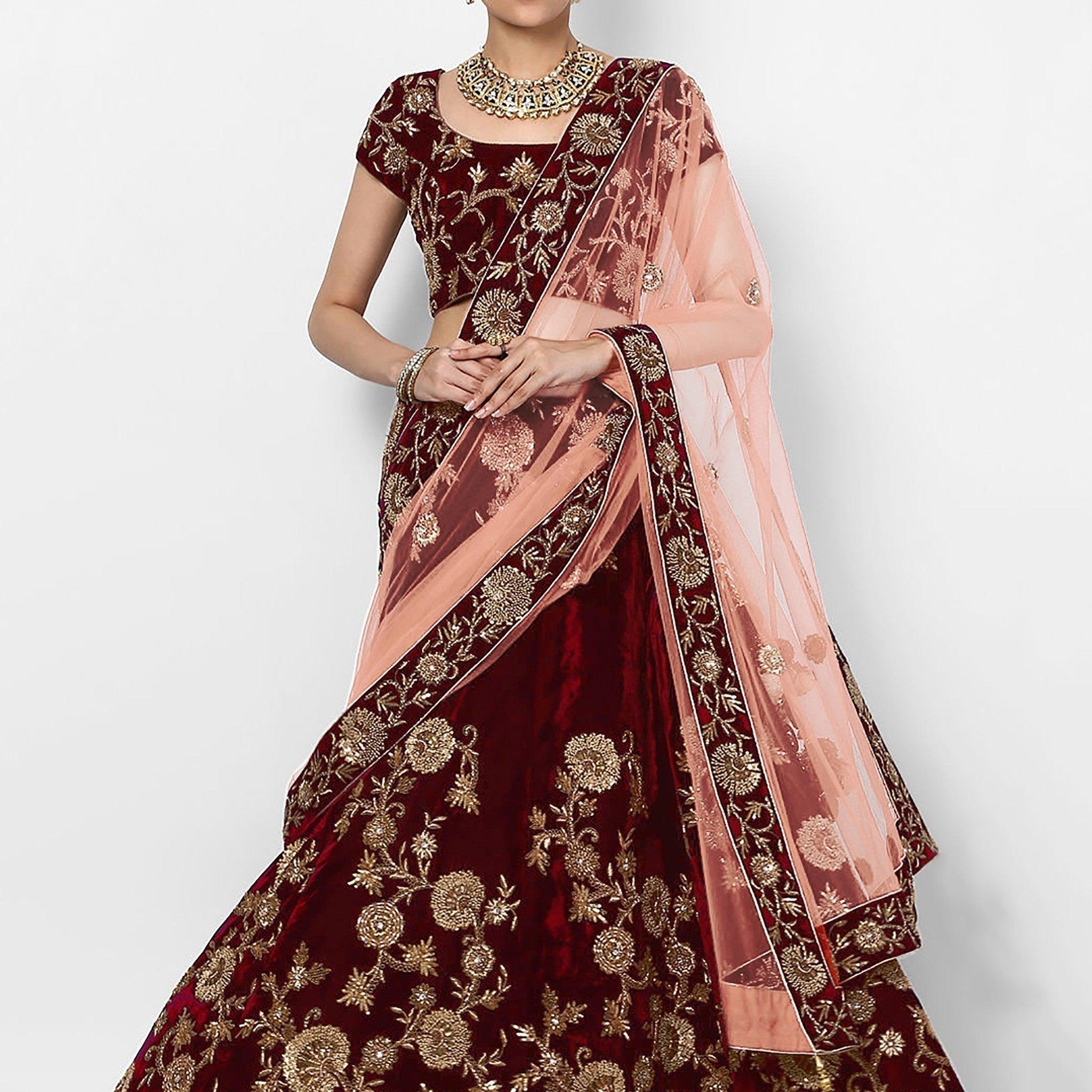 Beautiful Maroon Colored Party wear Designer Embroidered Velvet Lehenga Choli