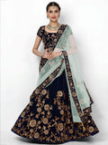 Beautiful Navy Blue Colored Party Wear Designer Embroidered Velvet Lehenga Choli