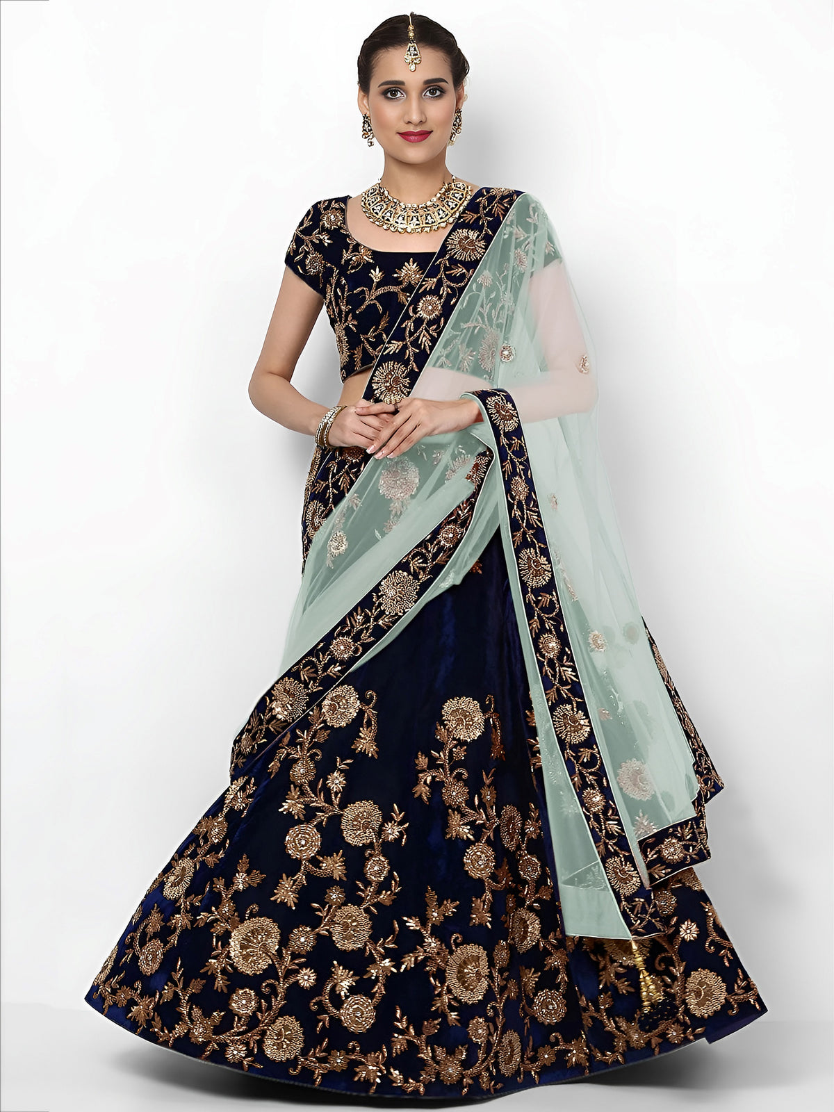 Beautiful Navy Blue Colored Party Wear Designer Embroidered Velvet Lehenga Choli