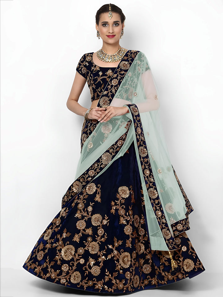 Beautiful Navy Blue Colored Party Wear Designer Embroidered Velvet Lehenga Choli