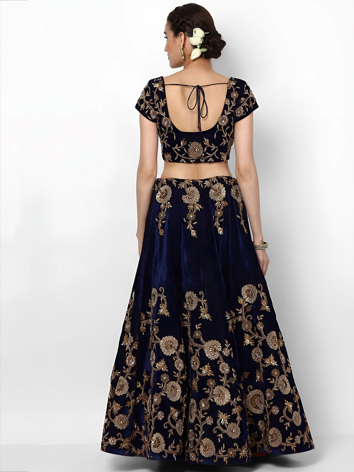 Beautiful Navy Blue Colored Party Wear Designer Embroidered Velvet Lehenga Choli