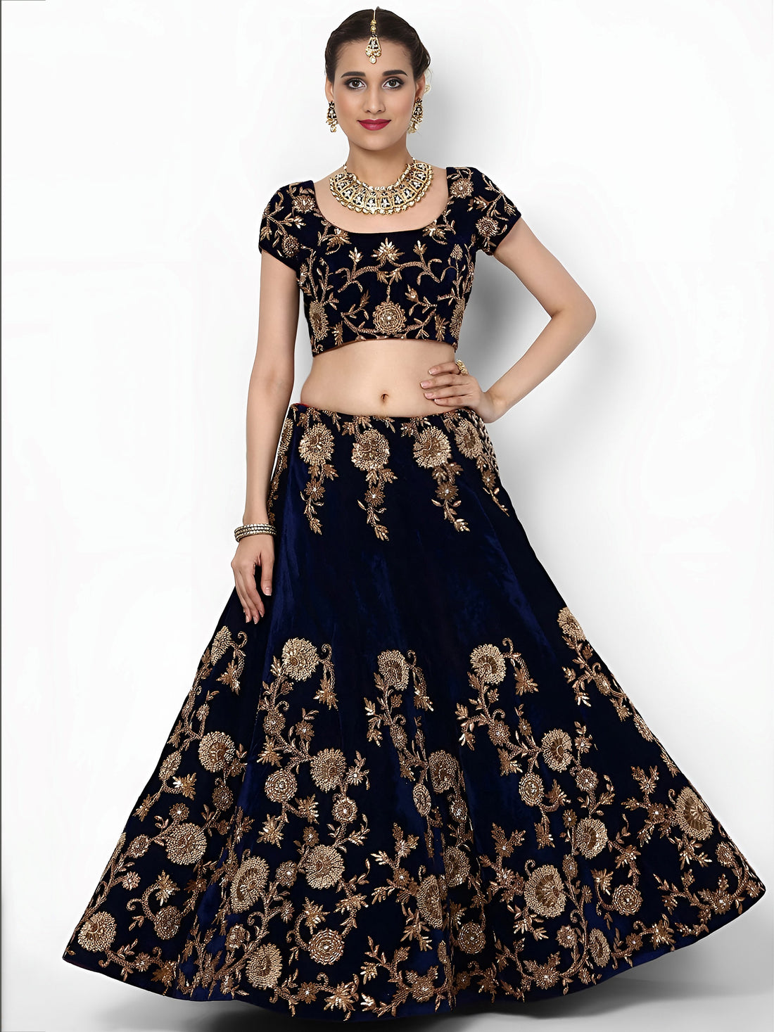 Beautiful Navy Blue Colored Party Wear Designer Embroidered Velvet Lehenga Choli