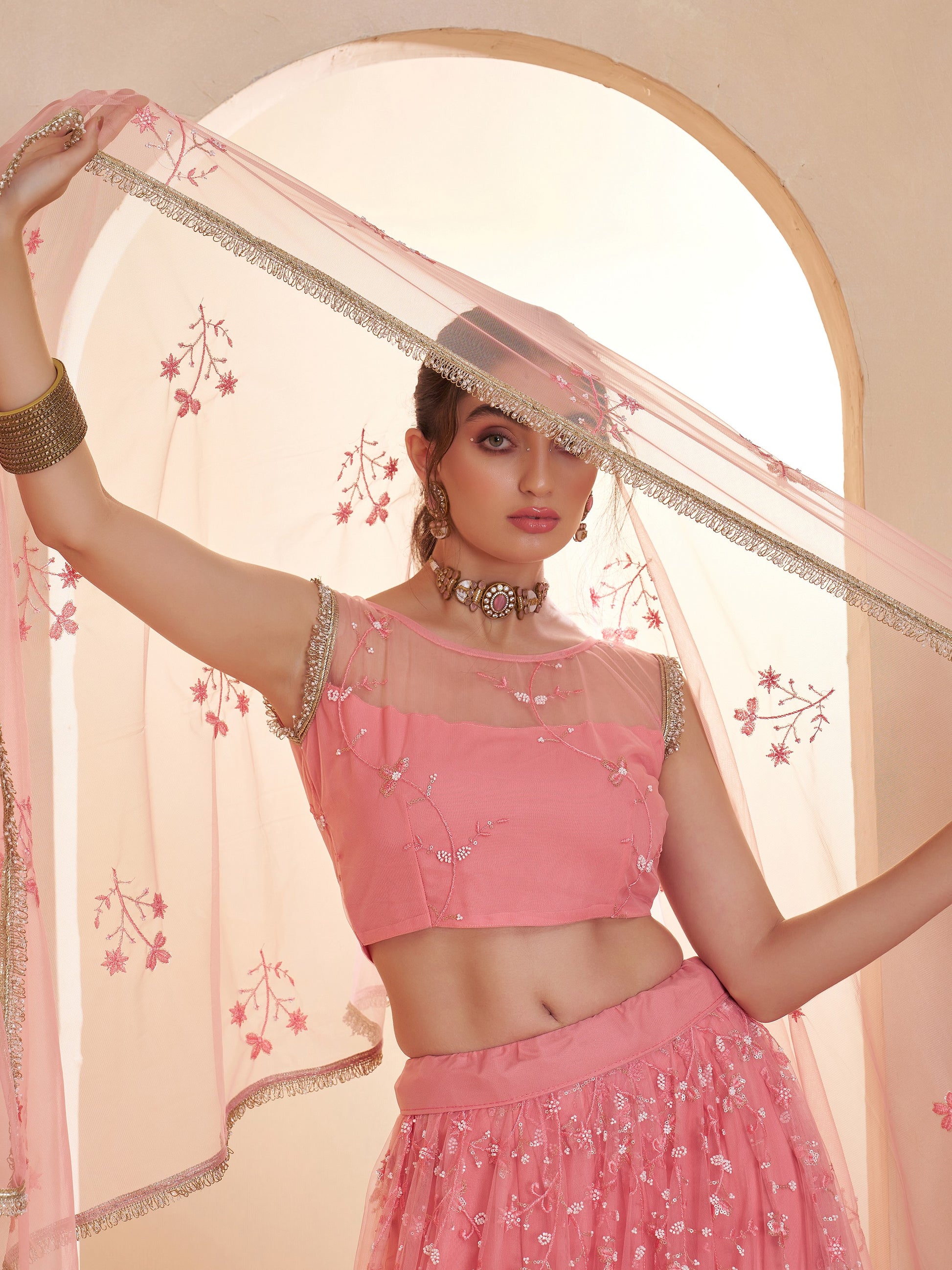 Lavish Pink Thread Work Net Reception Wear Lehenga Choli