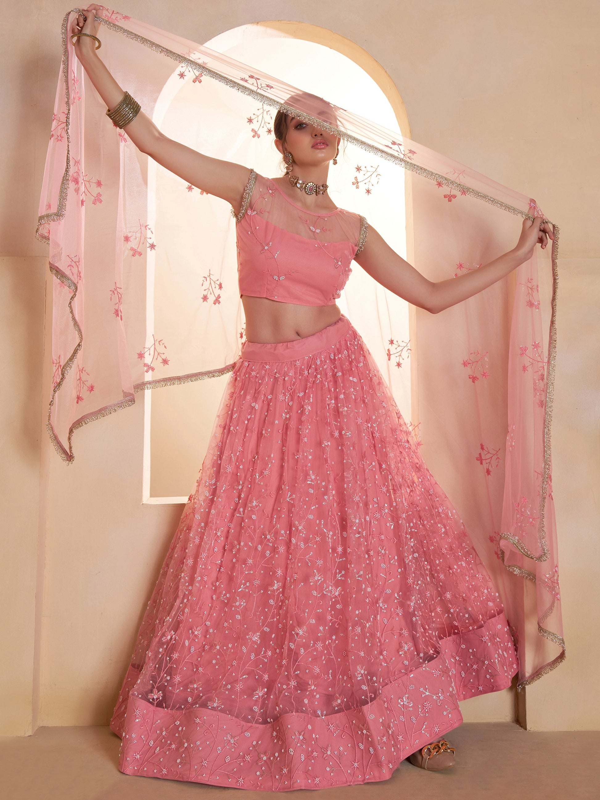 Lavish Pink Thread Work Net Reception Wear Lehenga Choli