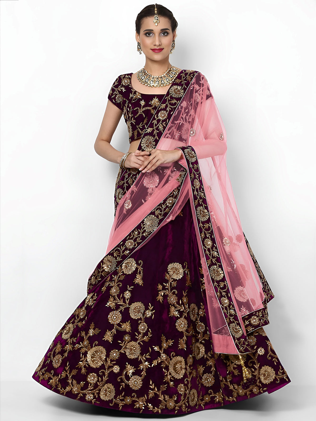 Beautiful Purple Colored Party Wear Designer Embroidered Velvet Lehenga Choli