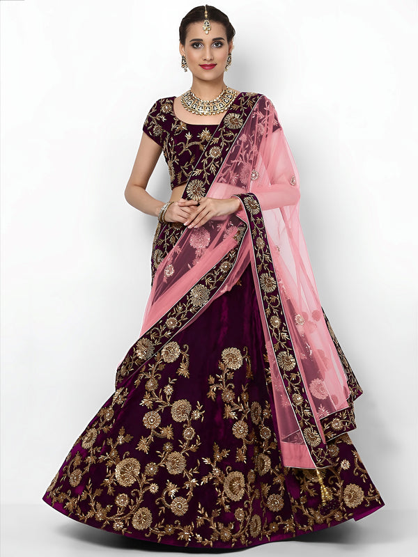 Beautiful Purple Colored Party Wear Designer Embroidered Velvet Lehenga Choli