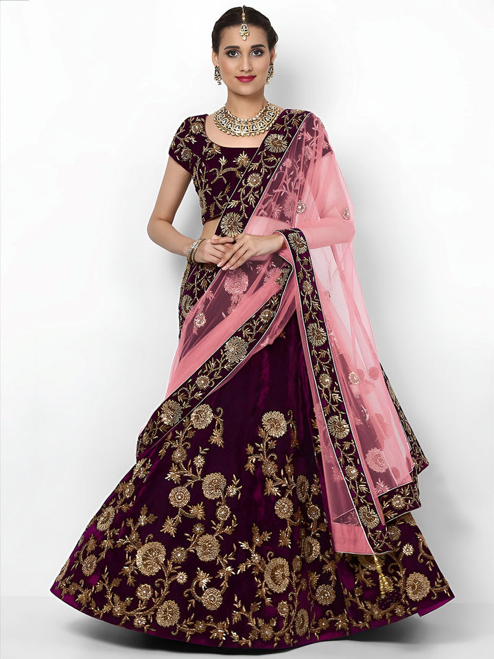 Beautiful Purple Colored Party Wear Designer Embroidered Velvet Lehenga Choli