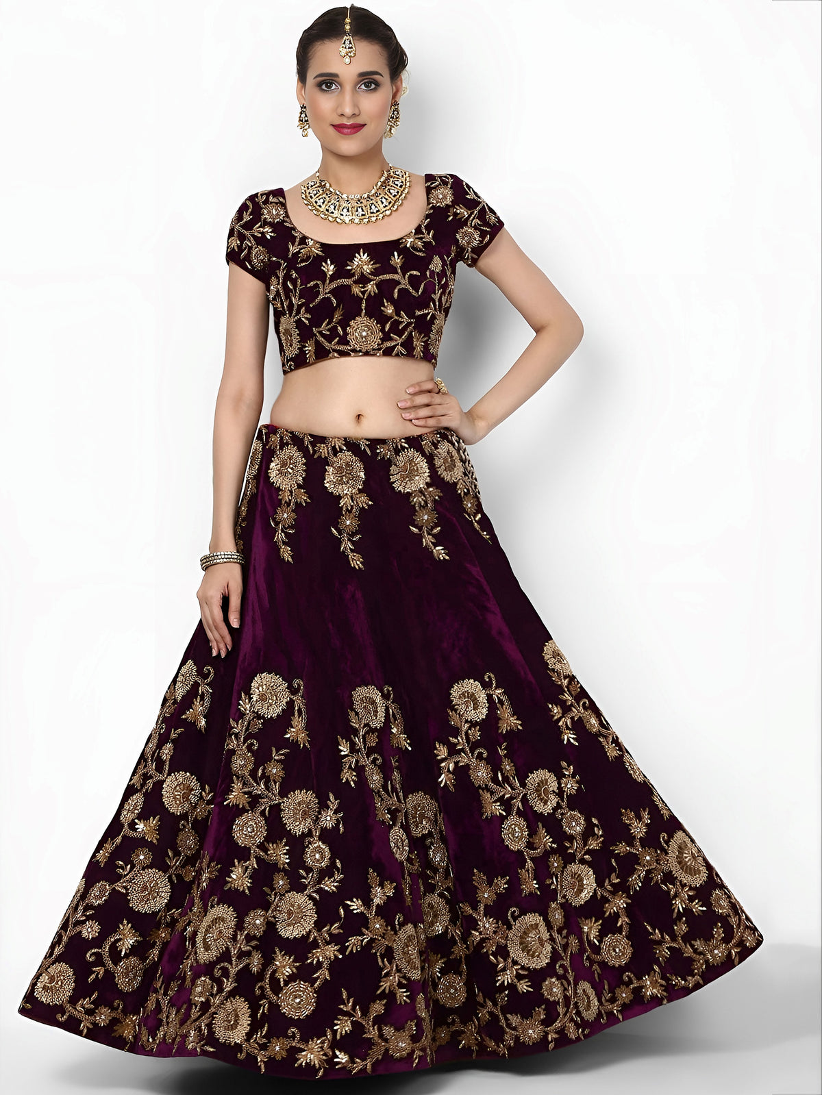 Beautiful Purple Colored Party Wear Designer Embroidered Velvet Lehenga Choli