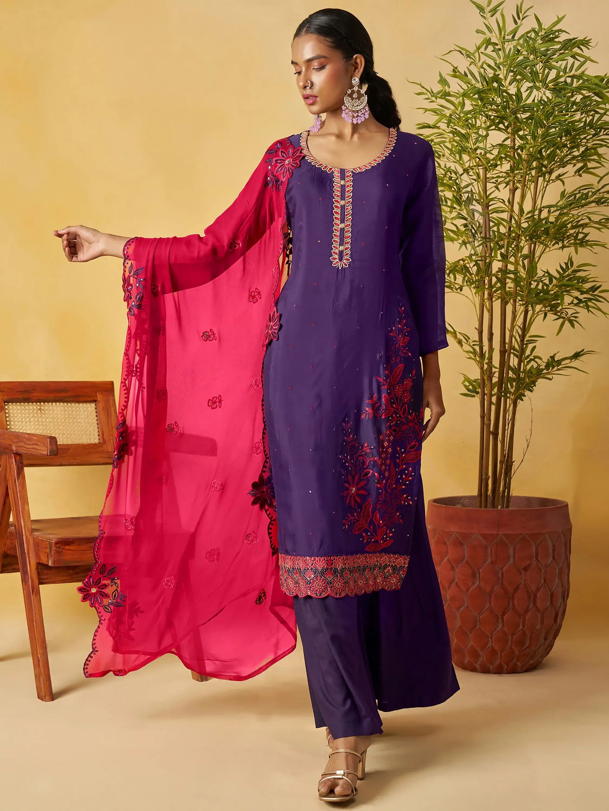 Fashionable Purple Sequins Work Organza Festival Wear Palazzo Suit