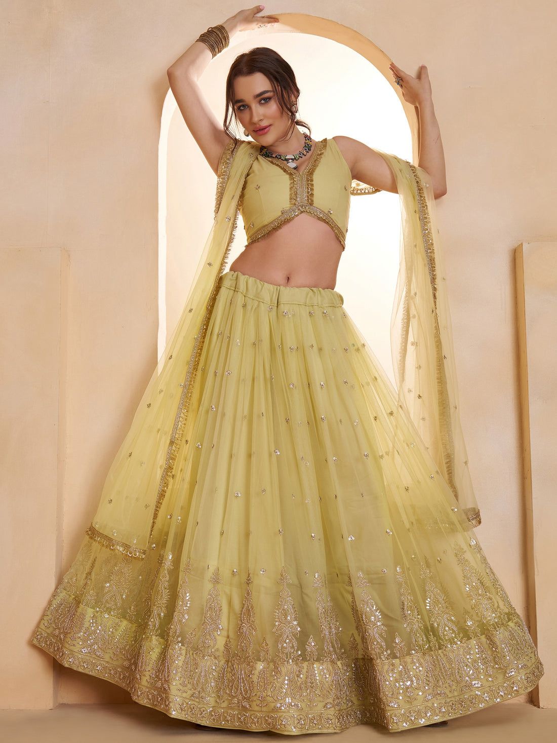 Sparkling Pastel Yellow Sequins Net Haldi Wear Lehenga Choli