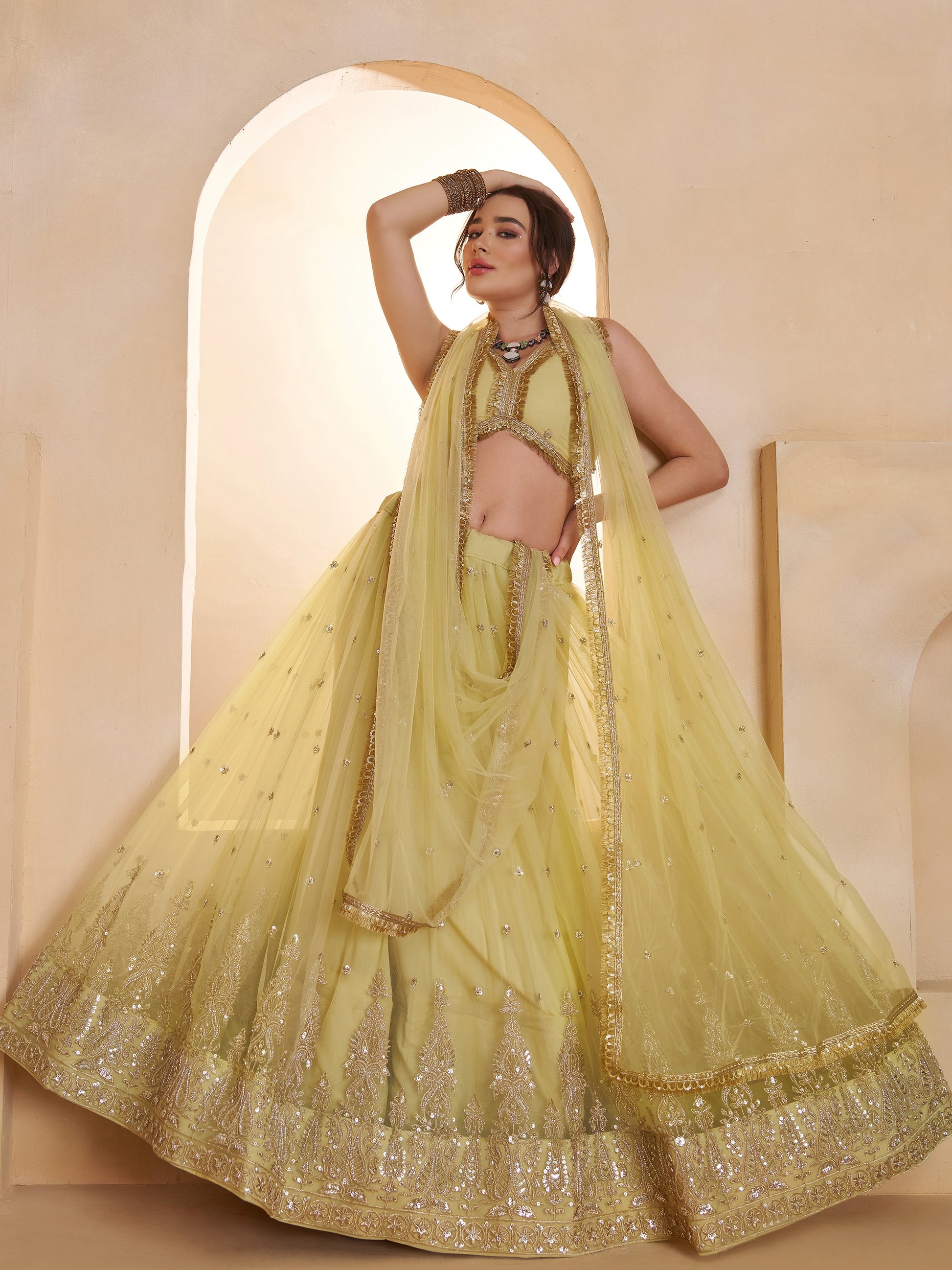Sparkling Pastel Yellow Sequins Net Haldi Wear Lehenga Choli