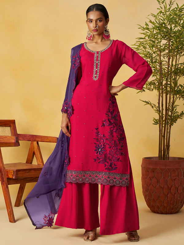 Enchanting Pink Thread Embroidery Organza Wedding Wear Palazzo Suit