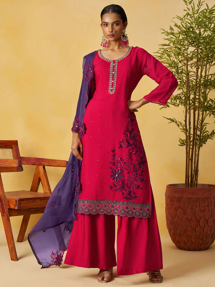 Enchanting Pink Thread Embroidery Organza Wedding Wear Palazzo Suit