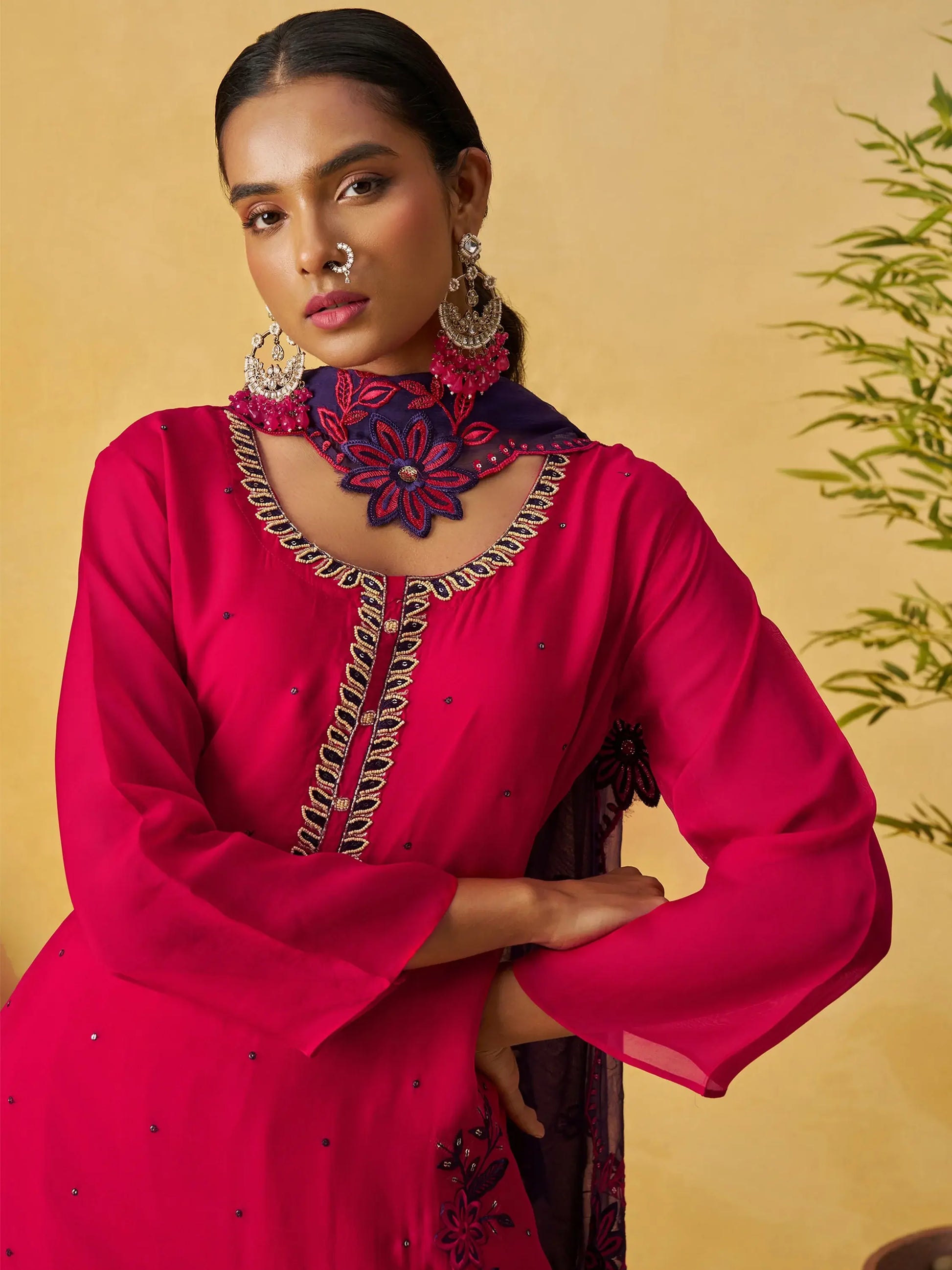 Enchanting Pink Thread Embroidery Organza Wedding Wear Palazzo Suit