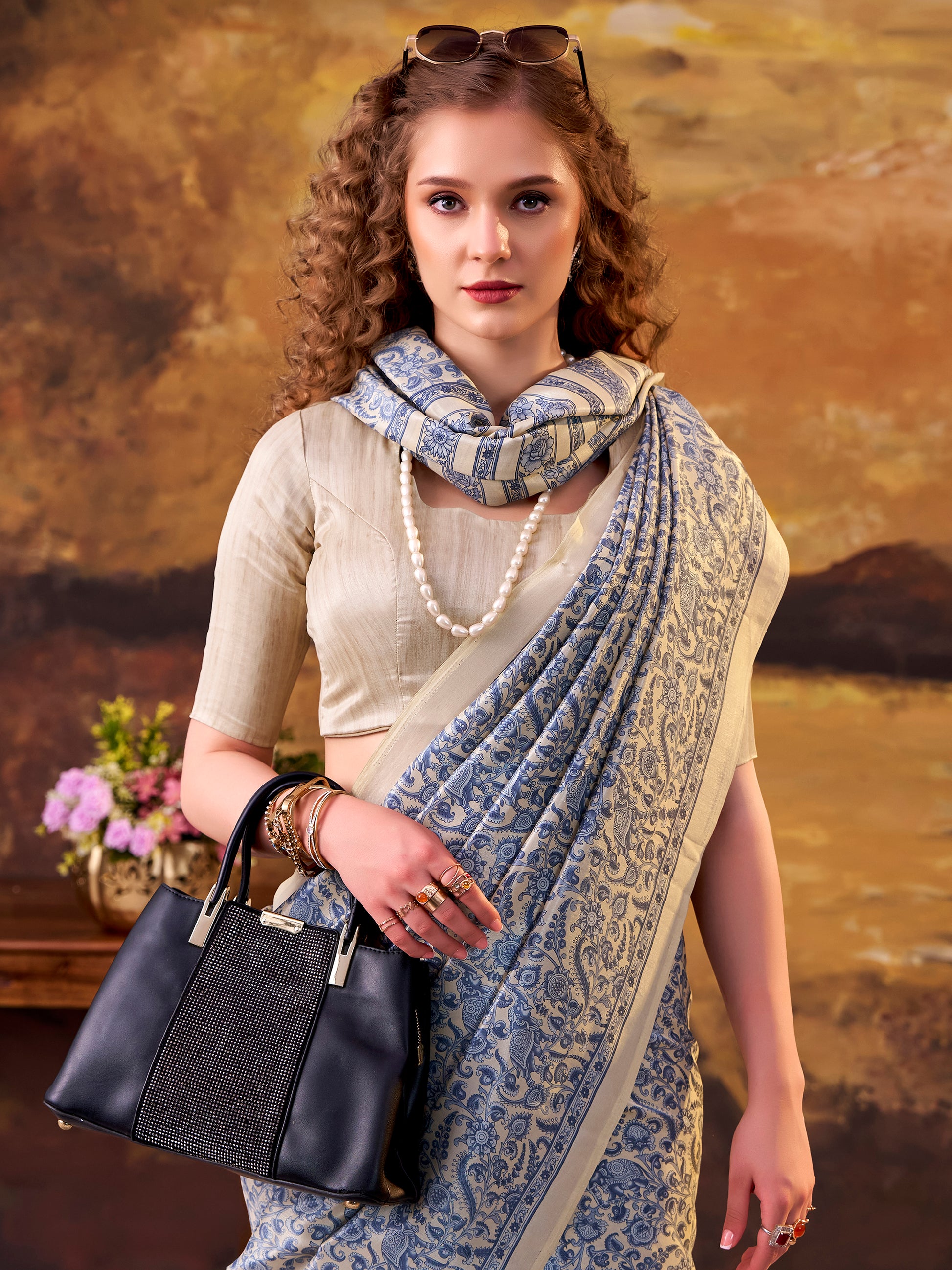 Pretty Blue Digital Printed Tussar Silk Traditional Saree With Blouse