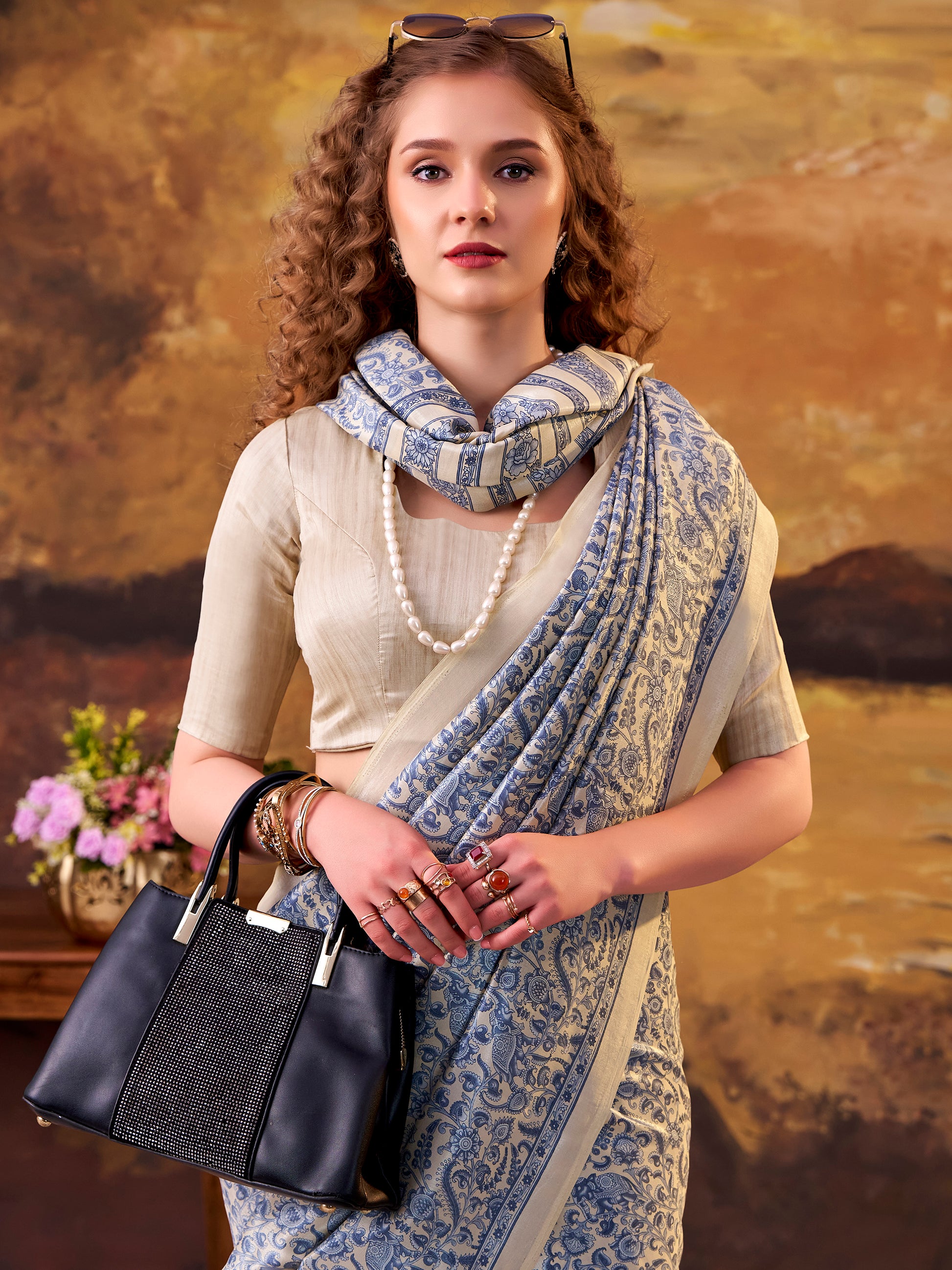 Pretty Blue Digital Printed Tussar Silk Traditional Saree With Blouse