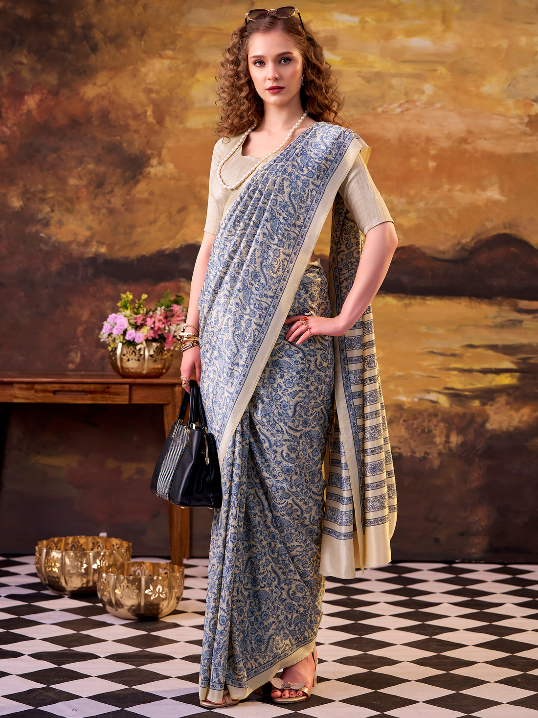 Pretty Blue Digital Printed Tussar Silk Traditional Saree With Blouse
