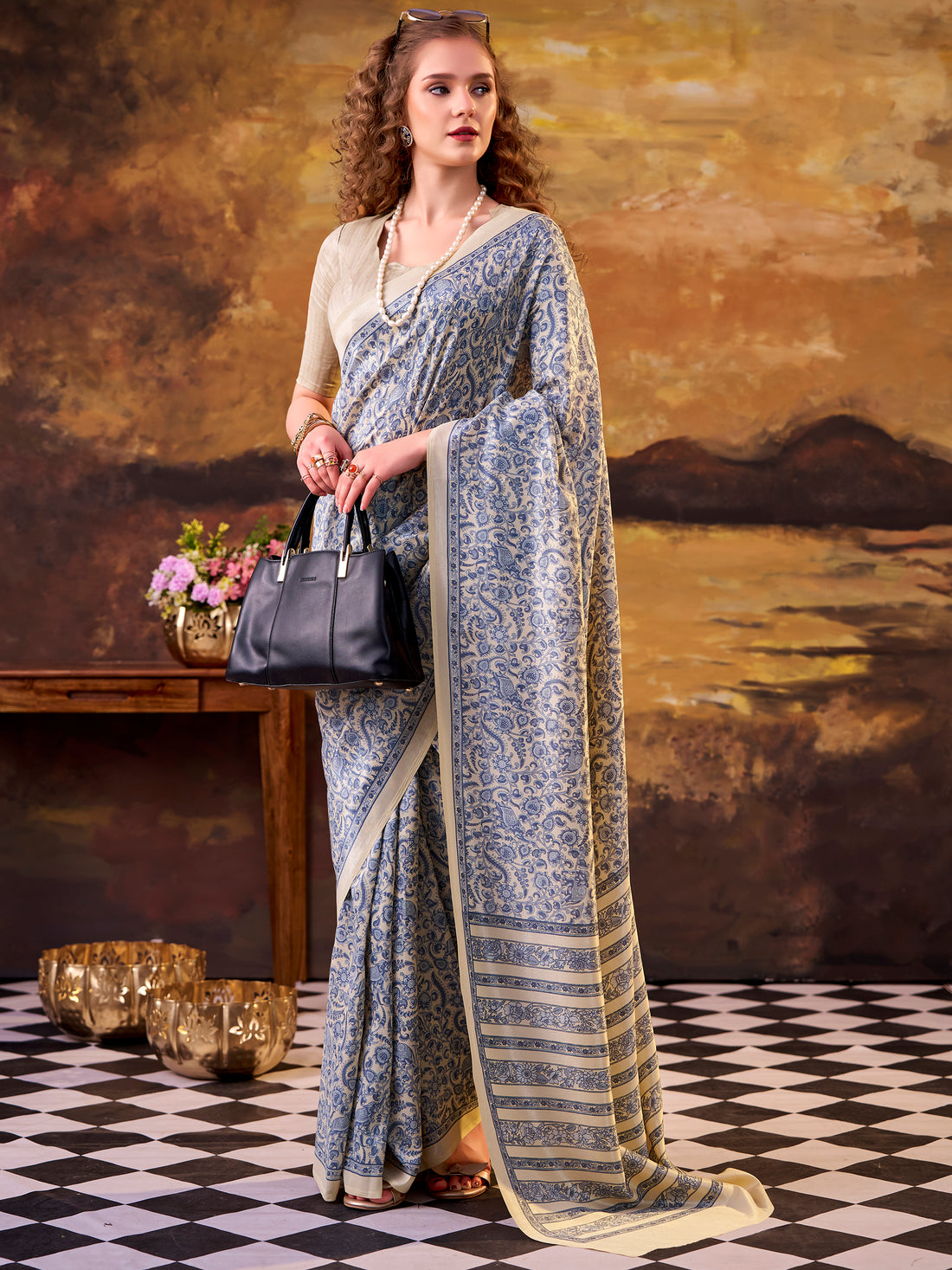 Pretty Blue Digital Printed Tussar Silk Traditional Saree With Blouse