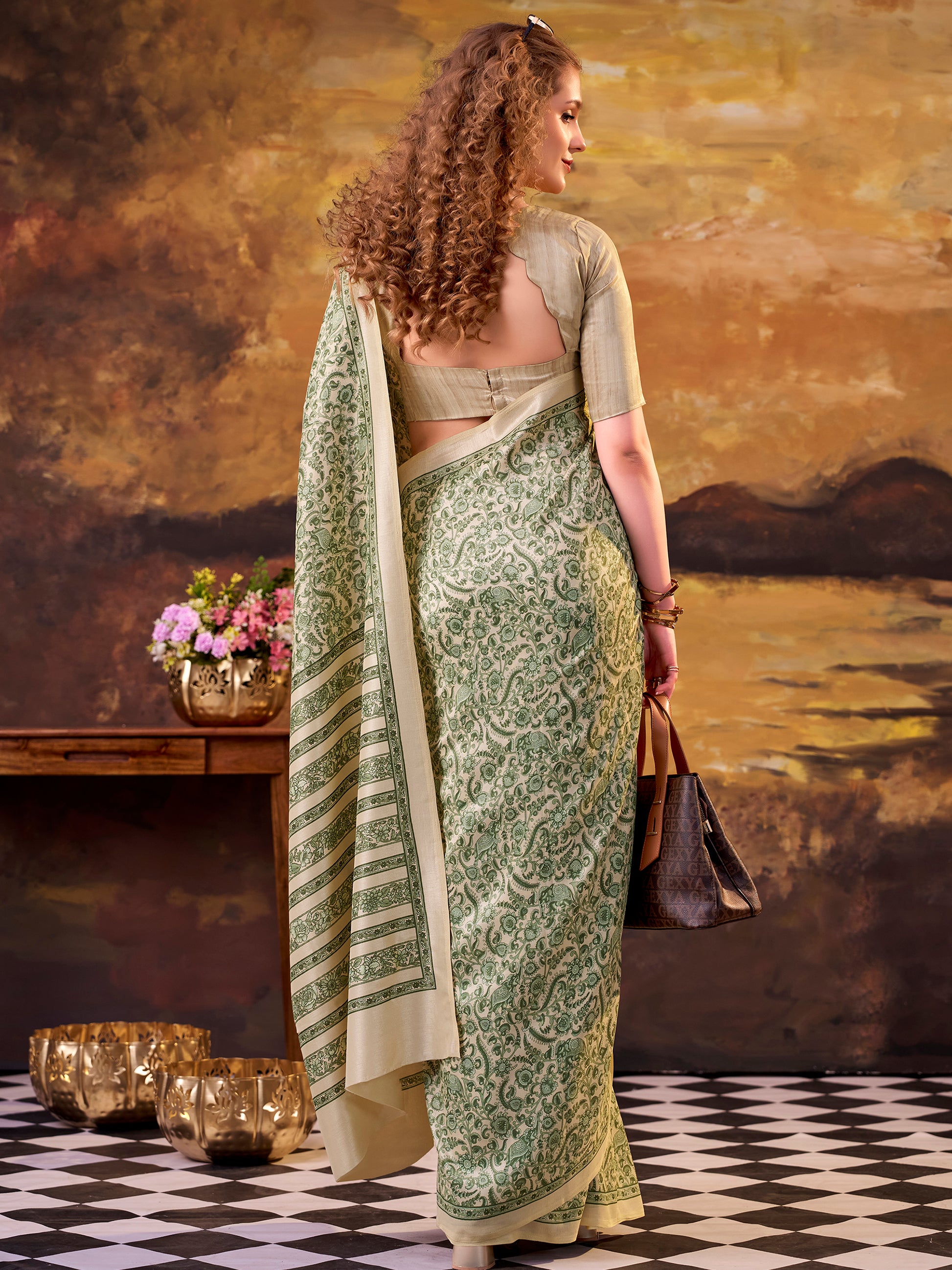 Incredible Green Digital Printed Tussar Silk Casual Wear Saree With Blouse
