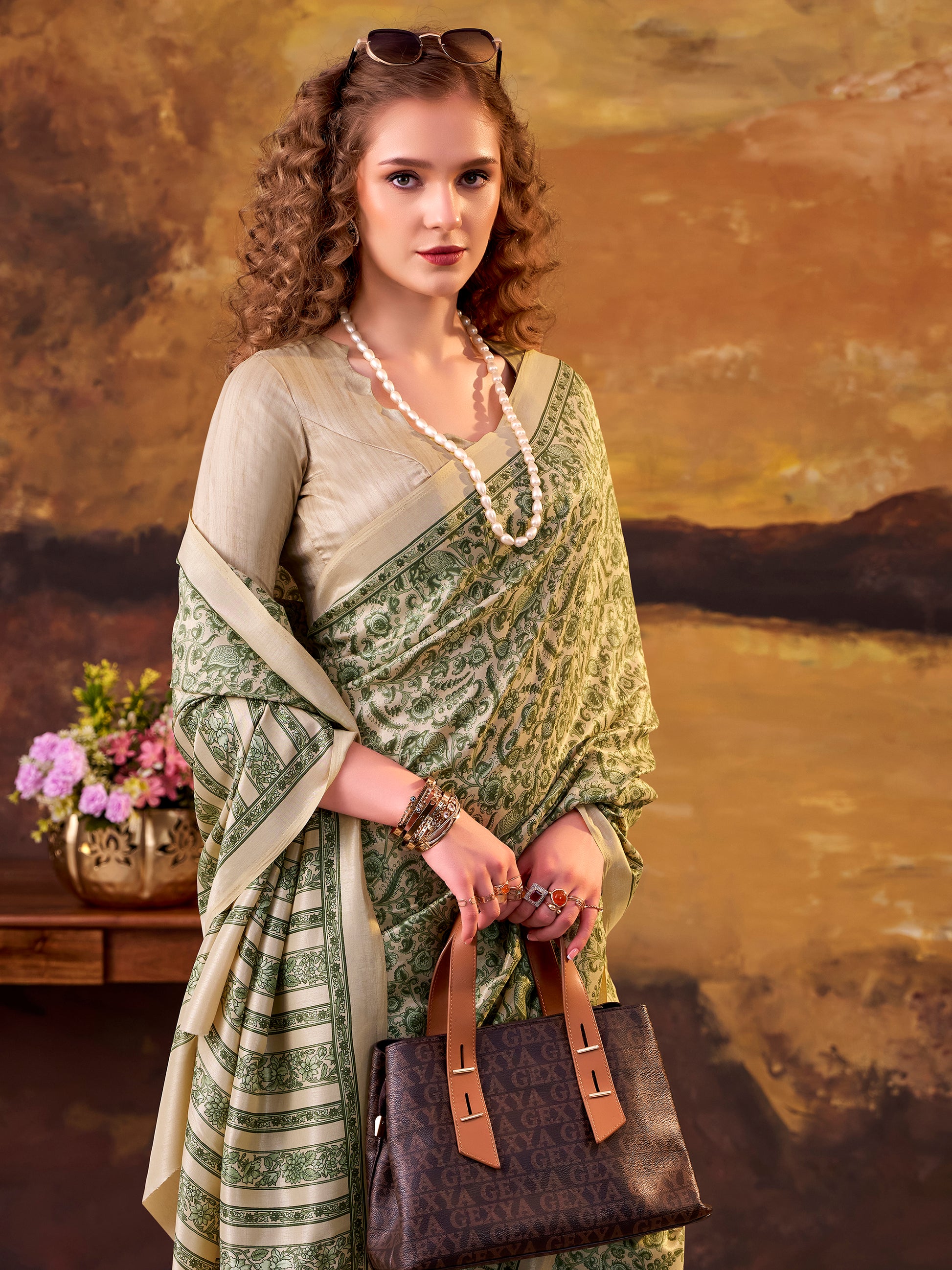 Incredible Green Digital Printed Tussar Silk Casual Wear Saree With Blouse