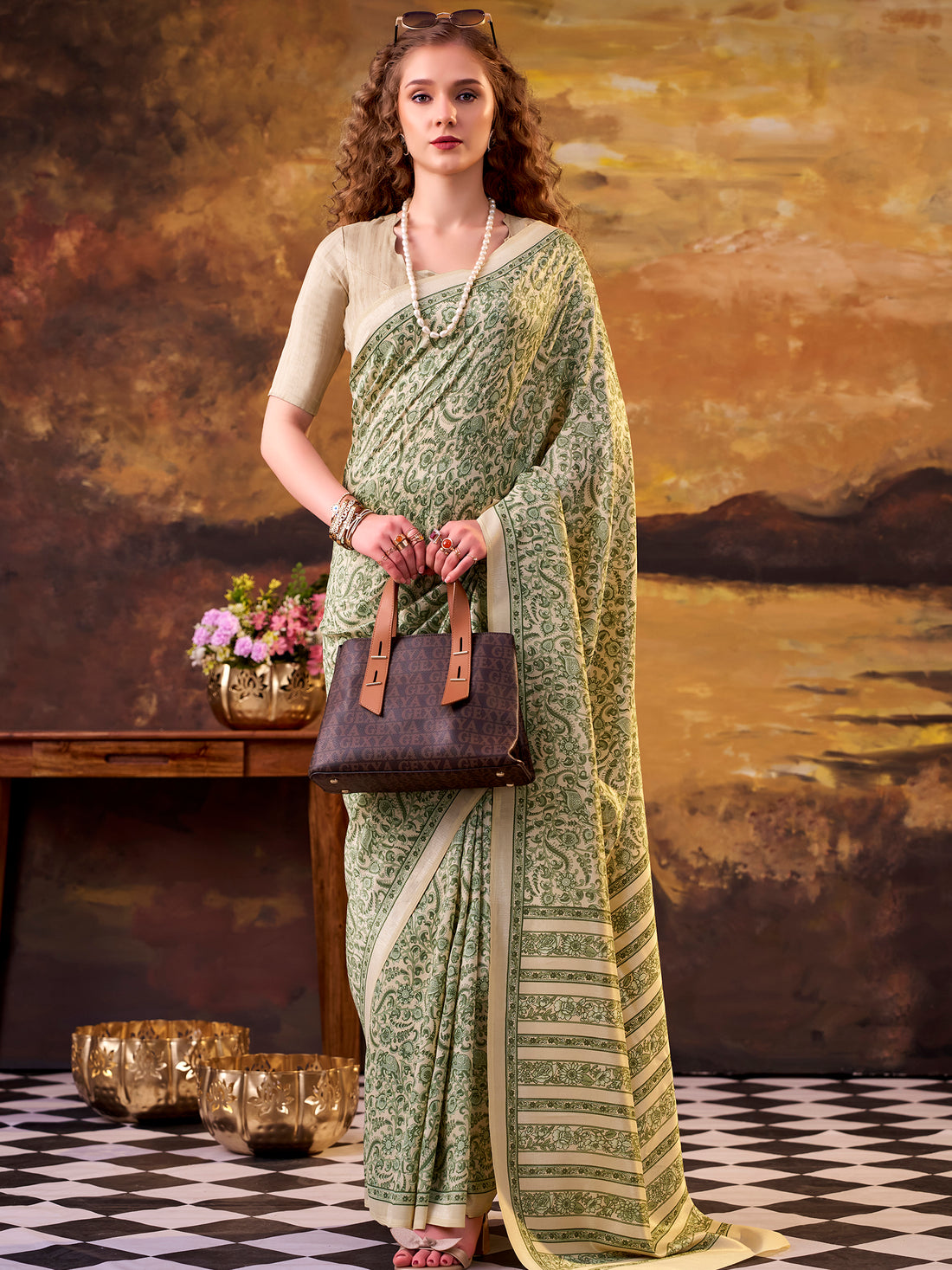 Incredible Green Digital Printed Tussar Silk Casual Wear Saree With Blouse