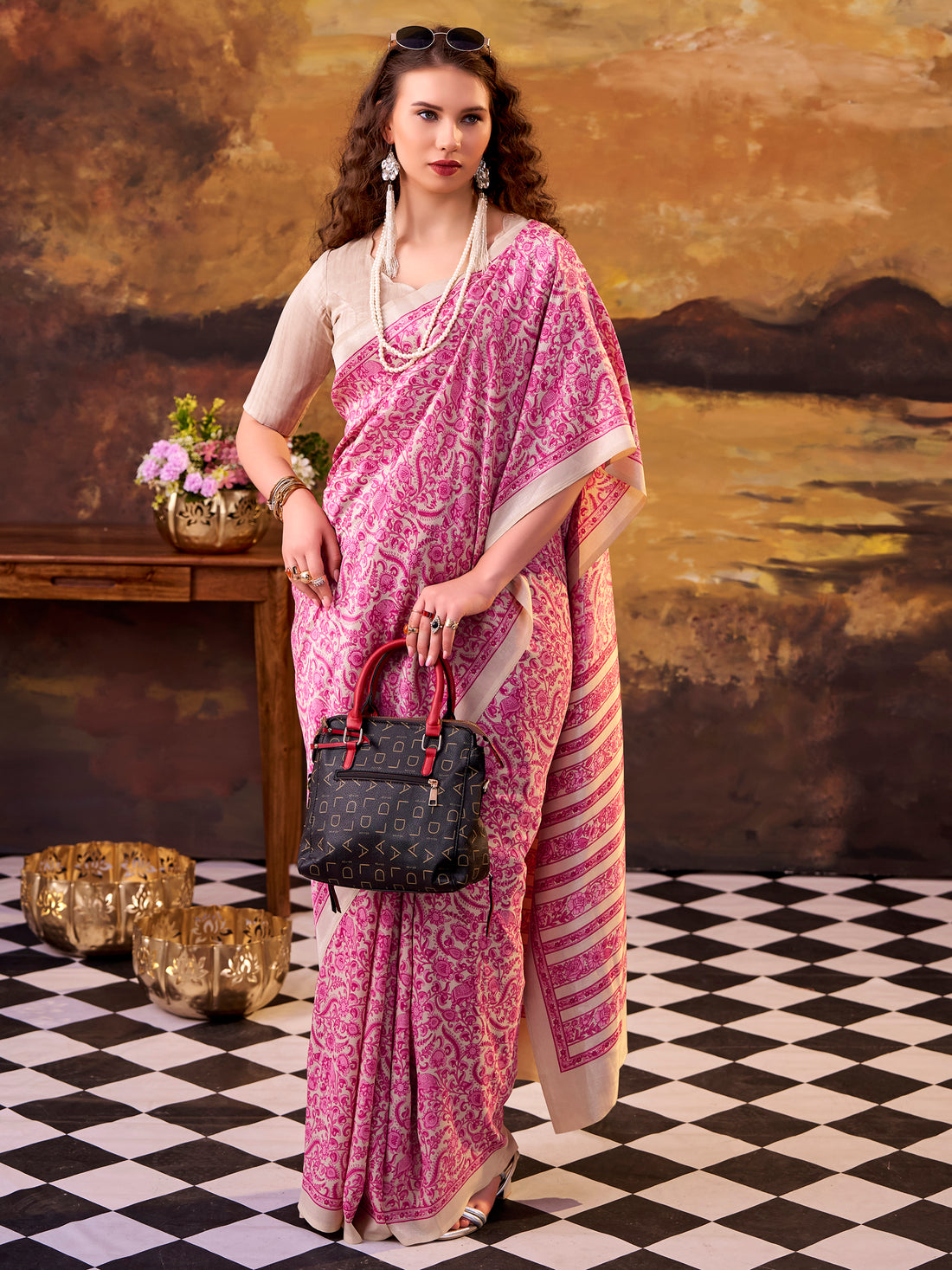 Stunning Pink Digital Printed Tussar Silk Office Wear Saree With Blouse
