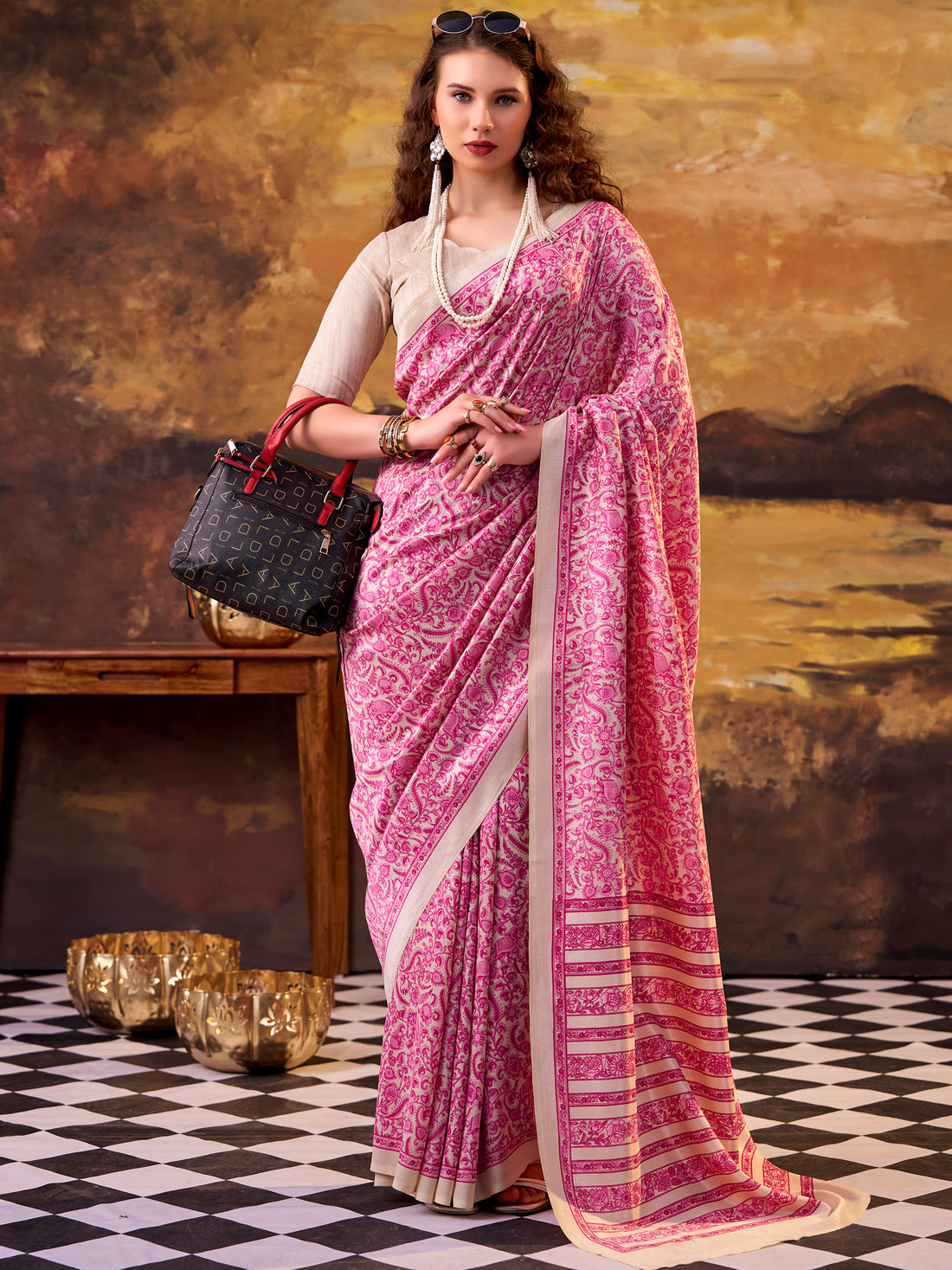 Stunning Pink Digital Printed Tussar Silk Office Wear Saree With Blouse
