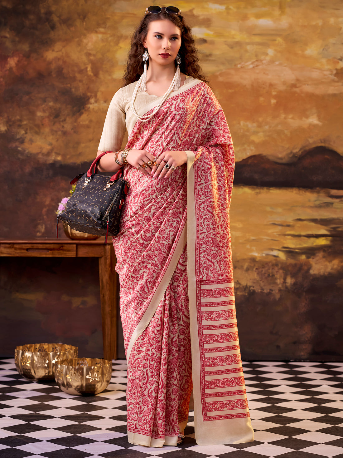 Precious Pink Digital Printed Silk Daily Wear Saree With Blouse