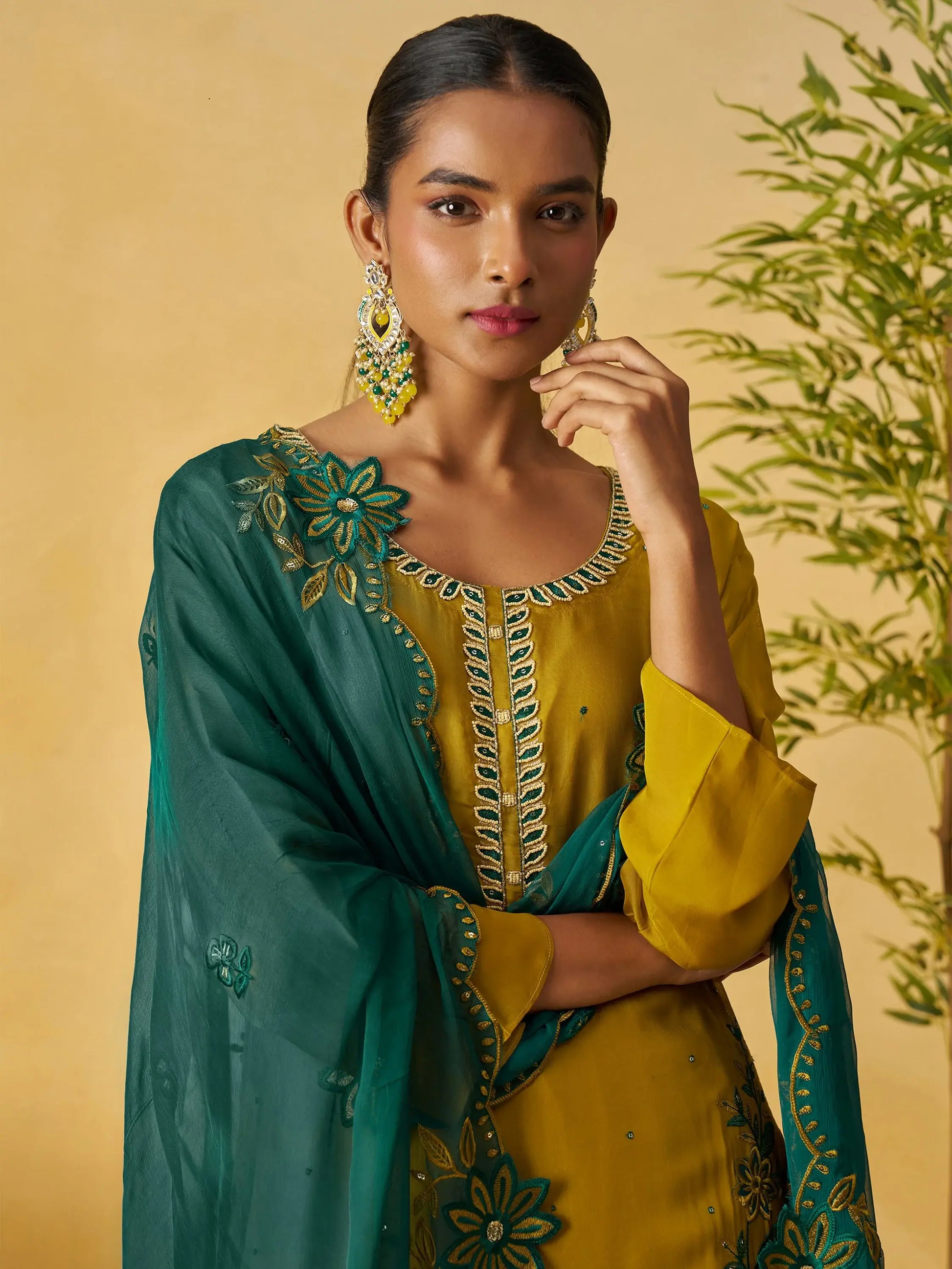 Striking Yellow Sequins Work Organza Party Wear Palazzo Suit