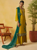 Striking Yellow Sequins Work Organza Party Wear Palazzo Suit