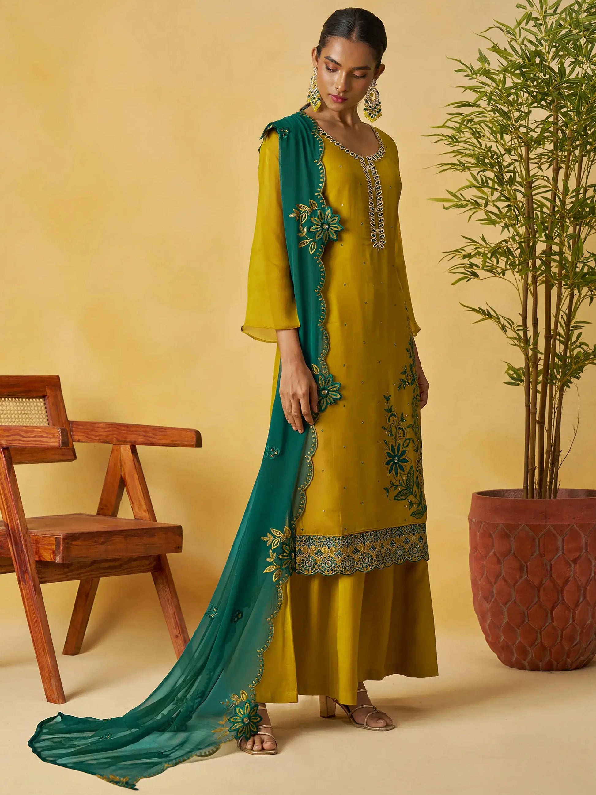 Striking Yellow Sequins Work Organza Party Wear Palazzo Suit