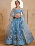Beautiful Mint Blue Sequins Net Designer Lehenga Choli With Dupatta