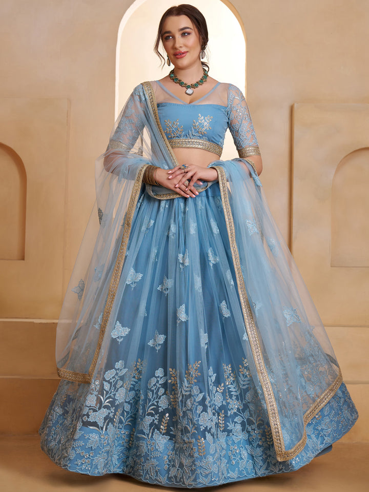 Beautiful Mint Blue Sequins Net Designer Lehenga Choli With Dupatta