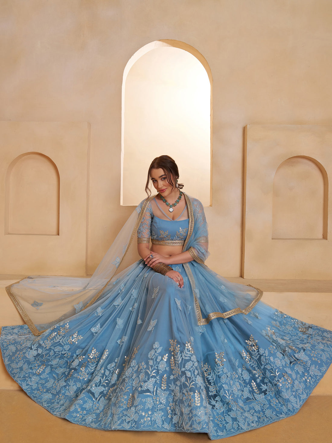 Beautiful Mint Blue Sequins Net Designer Lehenga Choli With Dupatta