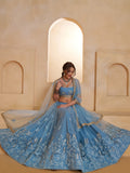 Beautiful Mint Blue Sequins Net Designer Lehenga Choli With Dupatta