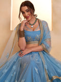 Beautiful Mint Blue Sequins Net Designer Lehenga Choli With Dupatta