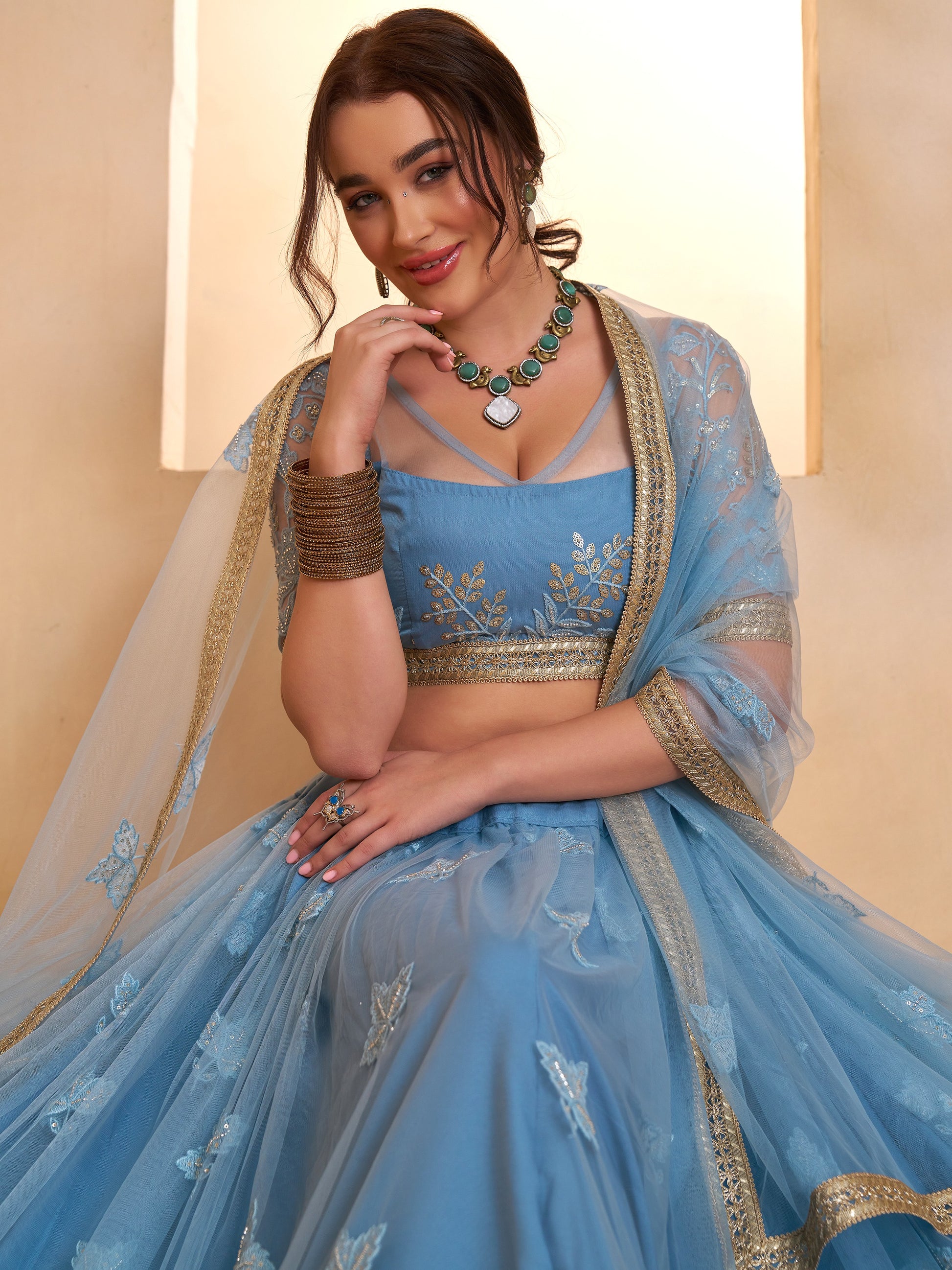 Beautiful Mint Blue Sequins Net Designer Lehenga Choli With Dupatta