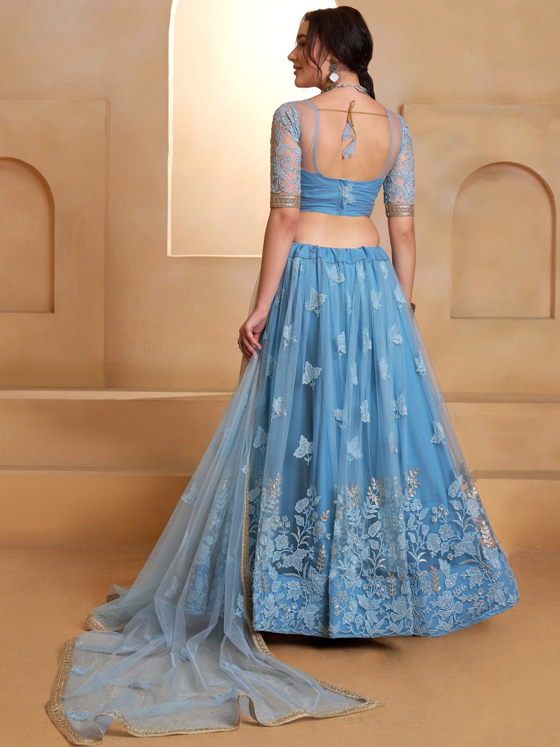 Beautiful Mint Blue Sequins Net Designer Lehenga Choli With Dupatta