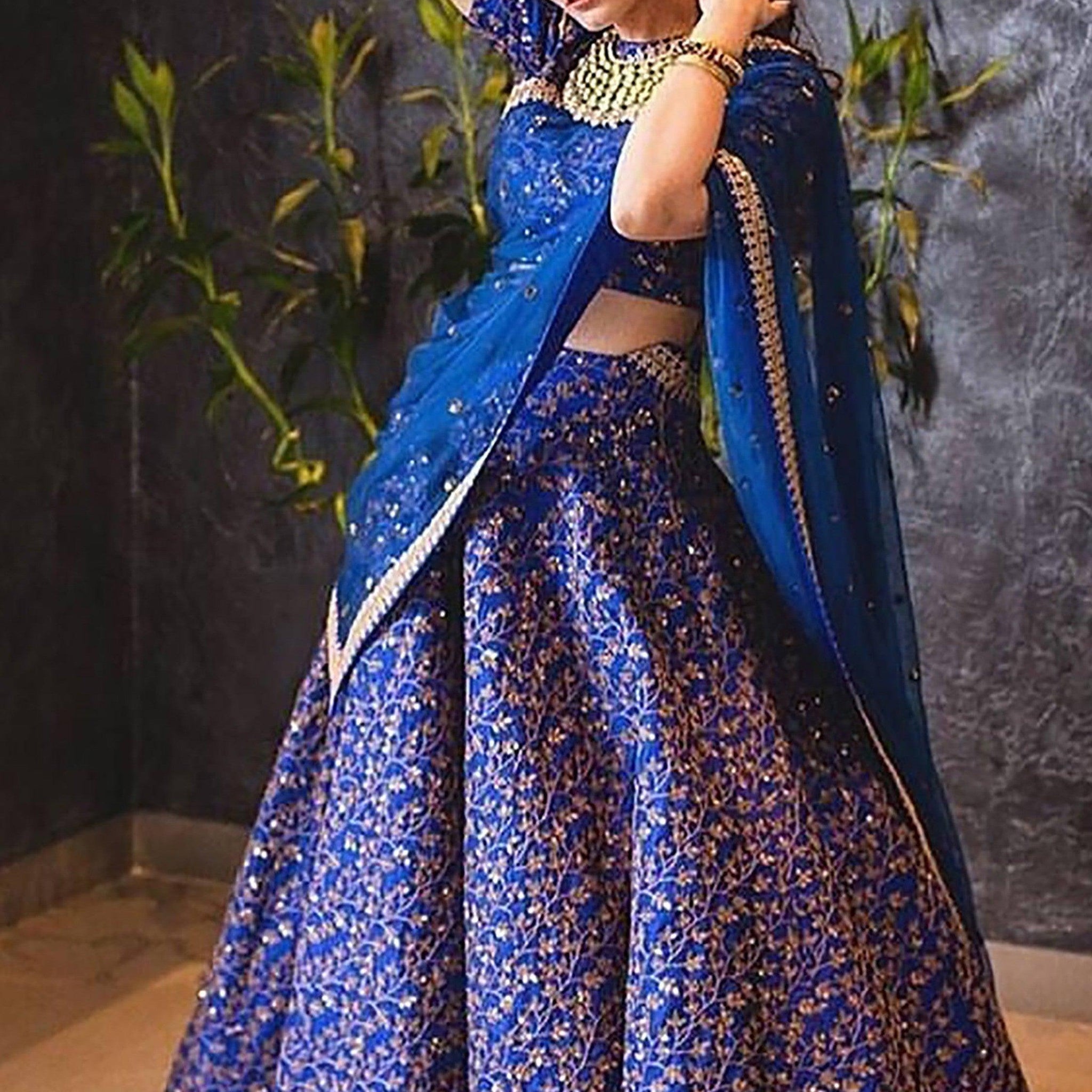 Elegant Blue Colored Designer Heavy Embroidered Raw Silk Lehenga