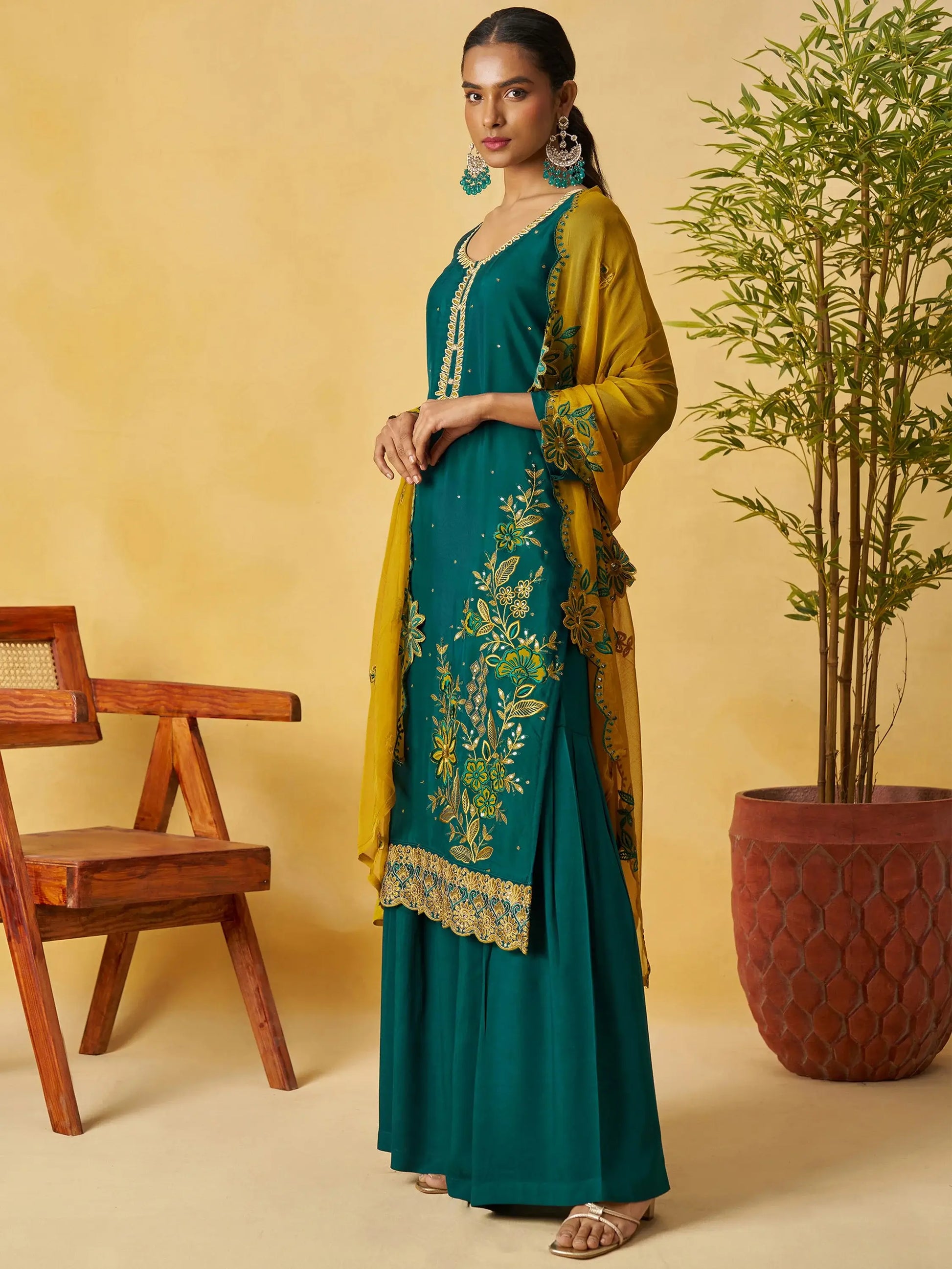 Charismatic Green Thread Embroidery Organza Ethnic Wear Palazzo Suit