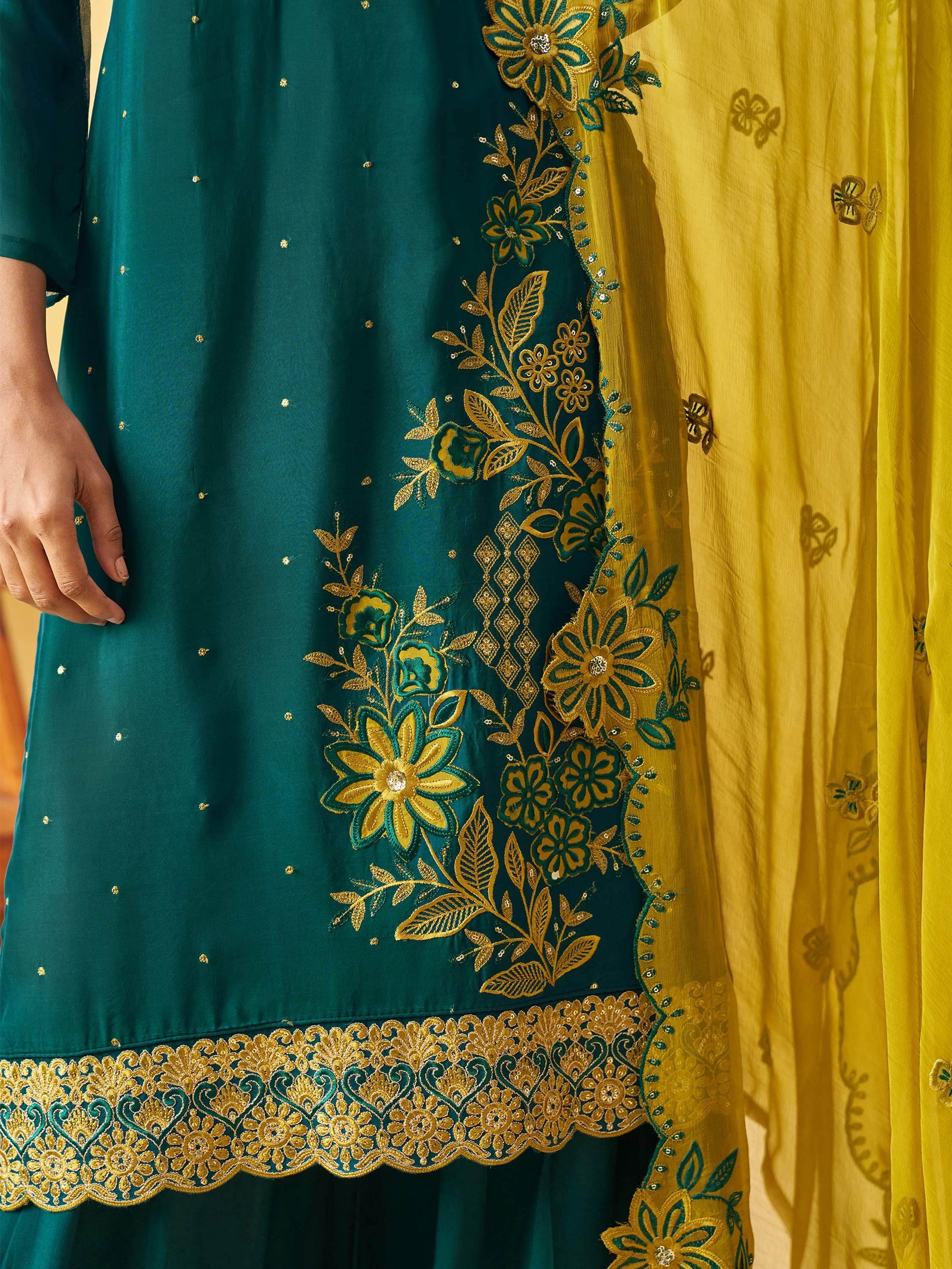 Charismatic Green Thread Embroidery Organza Ethnic Wear Palazzo Suit