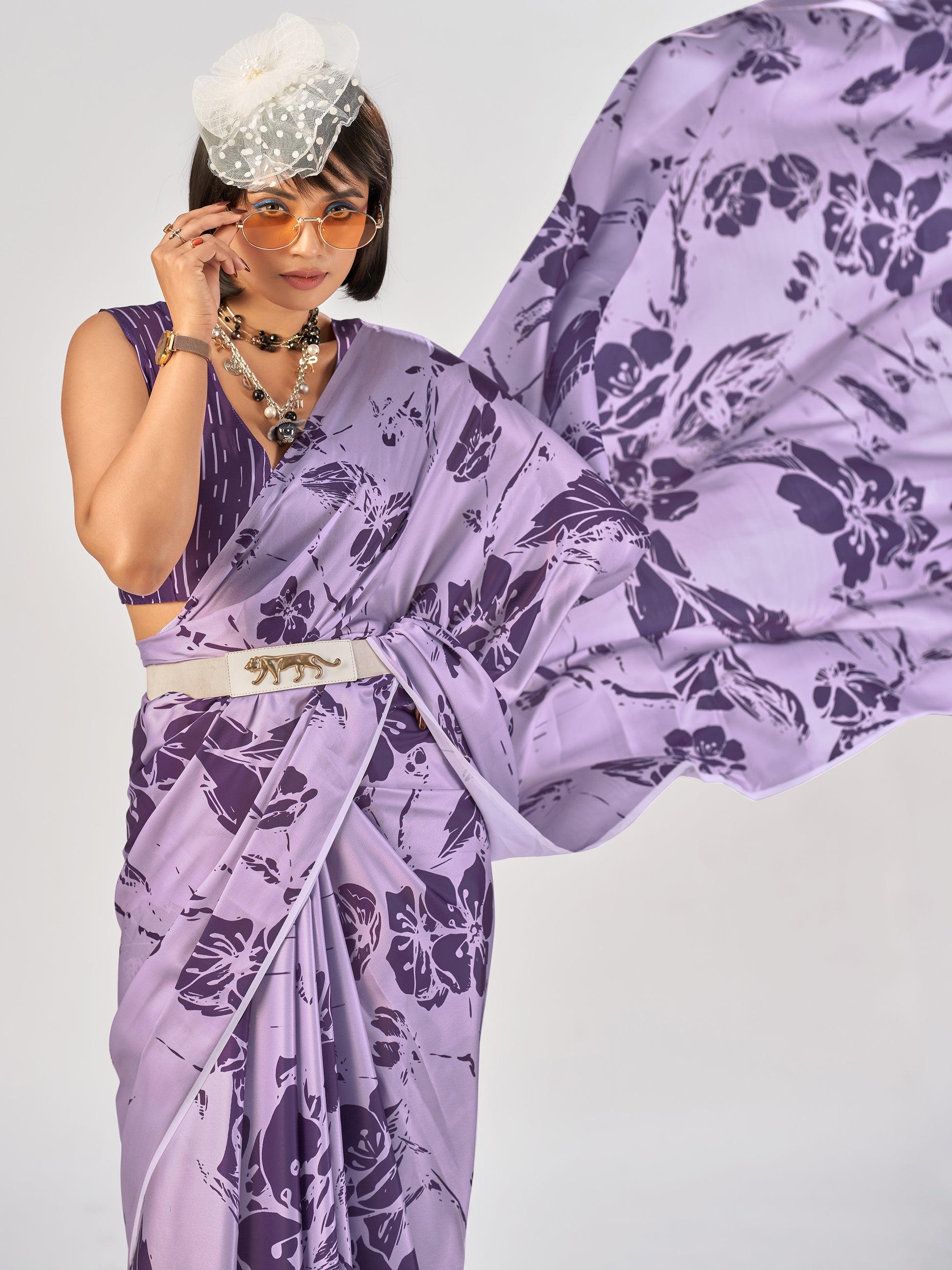 Fabulous Lavender Printed Stain Casual Wear Saree With Blouse