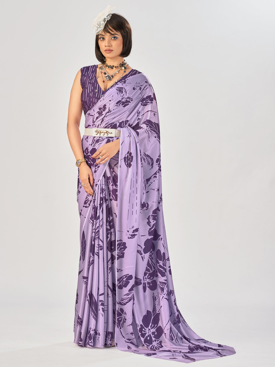 Fabulous Lavender Printed Stain Casual Wear Saree With Blouse