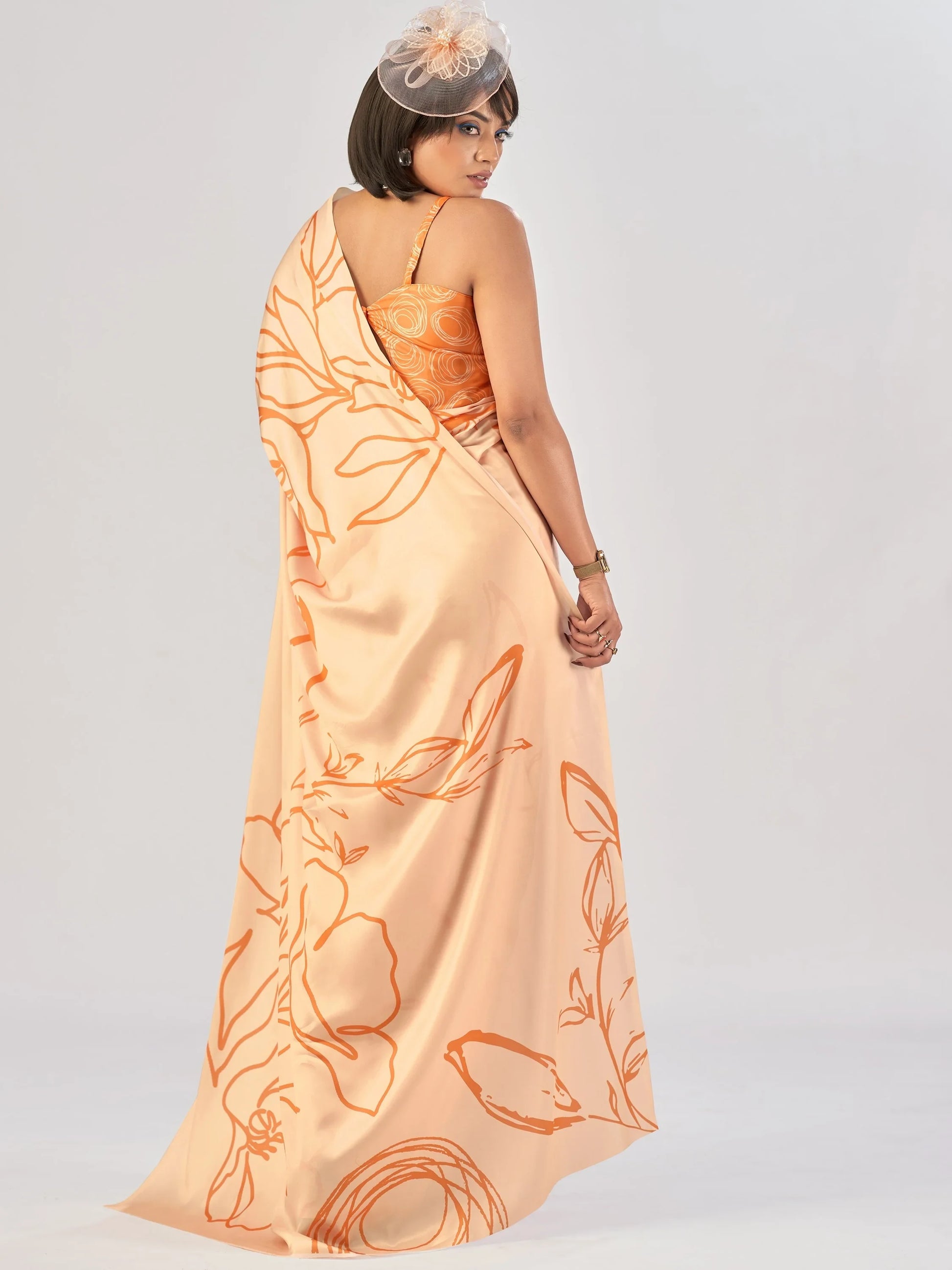 Charming Peach Printed Stain Daily Wear Saree With Blouse