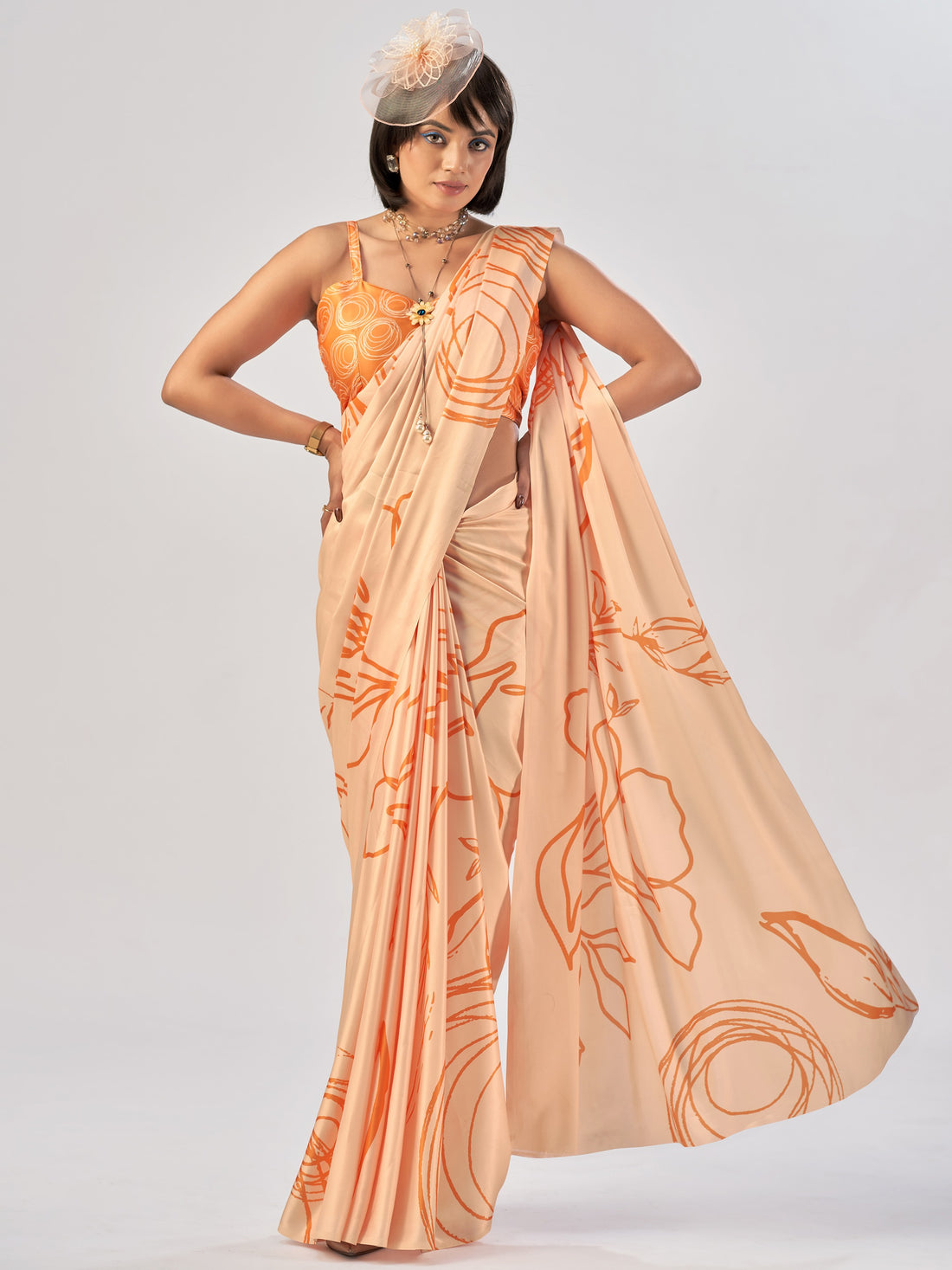 Charming Peach Printed Stain Daily Wear Saree With Blouse