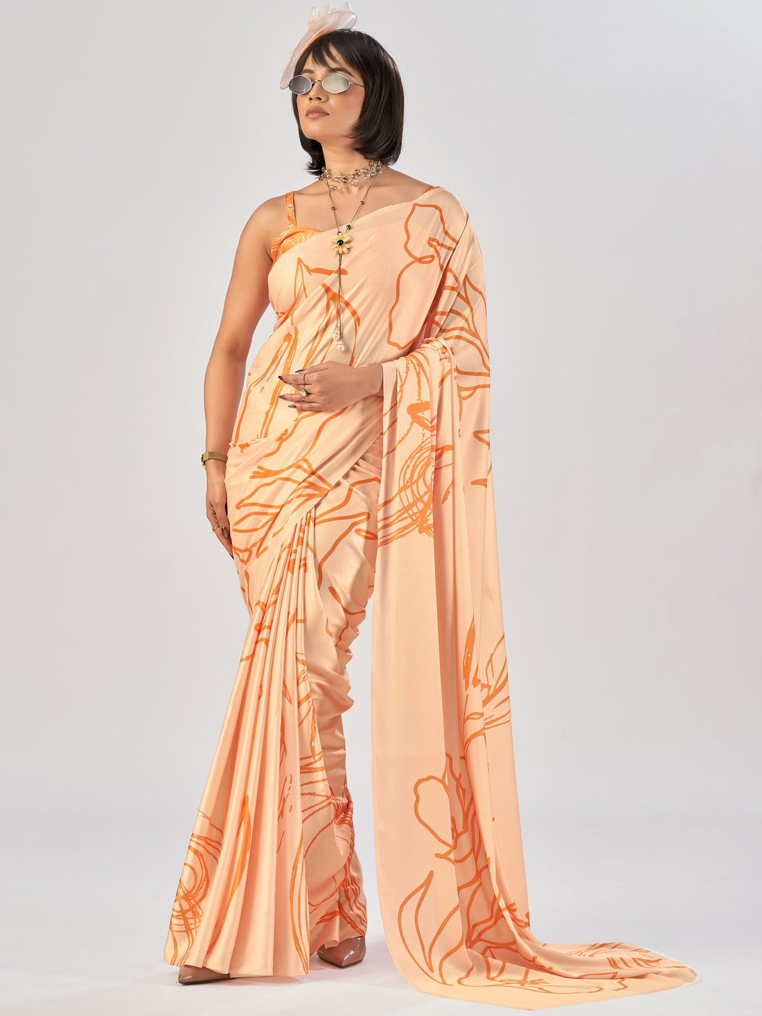 Charming Peach Printed Stain Daily Wear Saree With Blouse