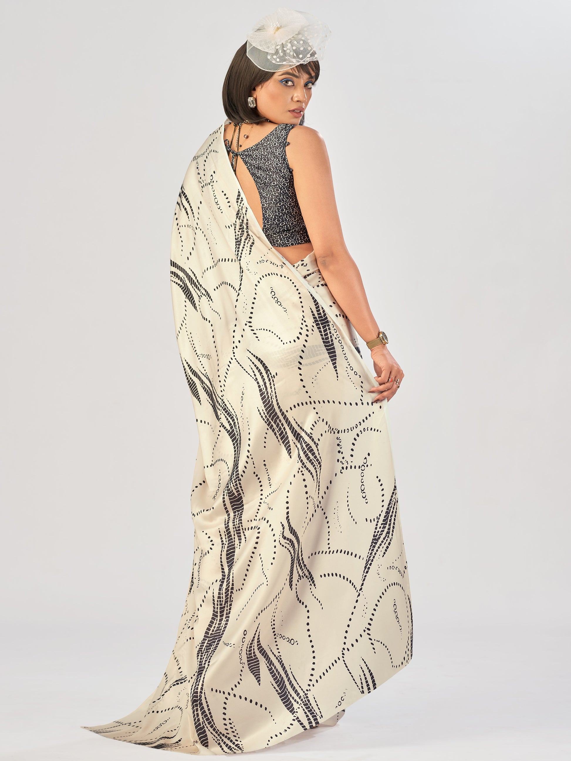 Outstanding Off-White Printed Satin Party Wear Saree with Blouse