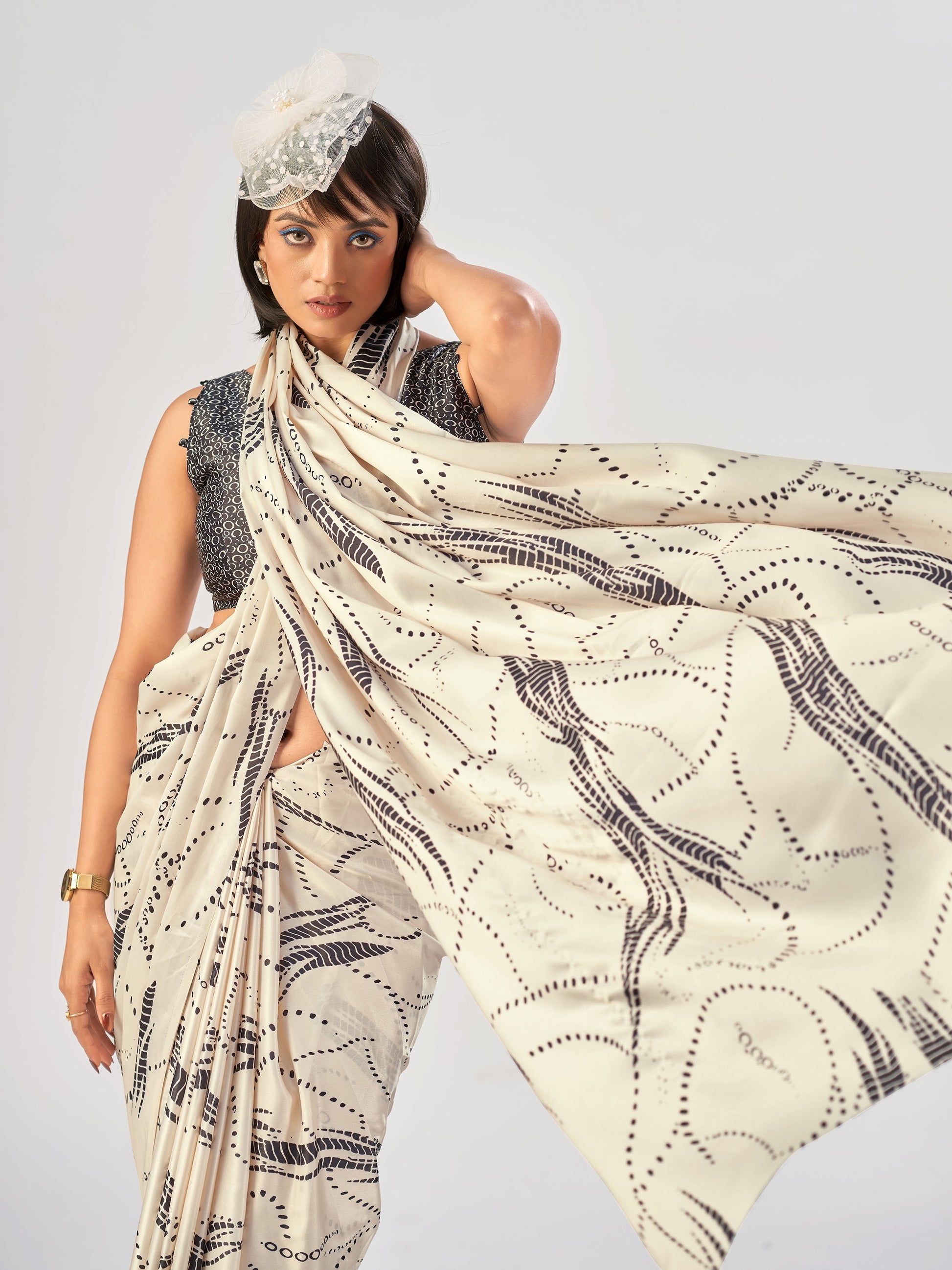 Outstanding Off-White Printed Satin Party Wear Saree with Blouse
