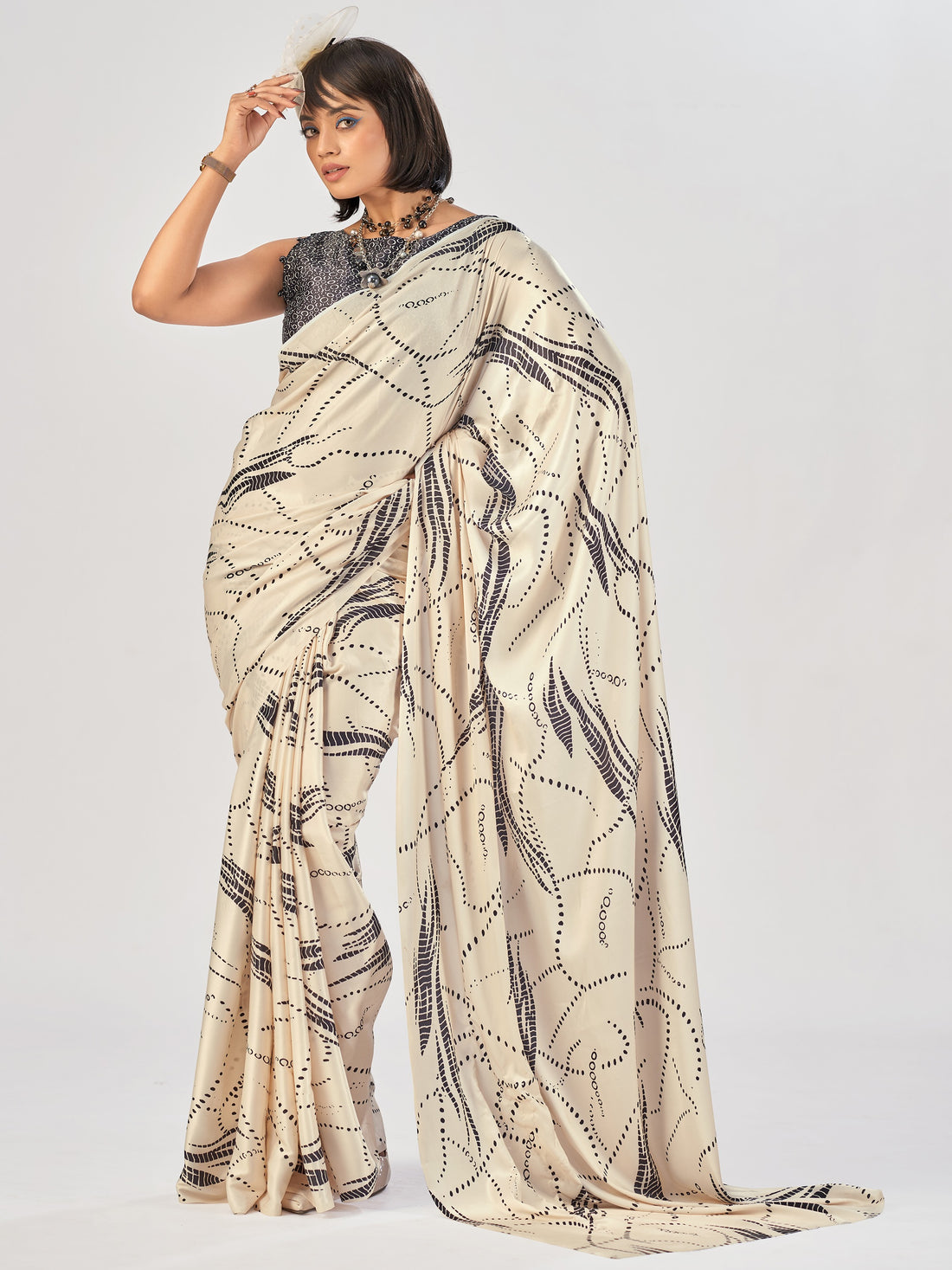 Outstanding Off-White Printed Satin Party Wear Saree with Blouse